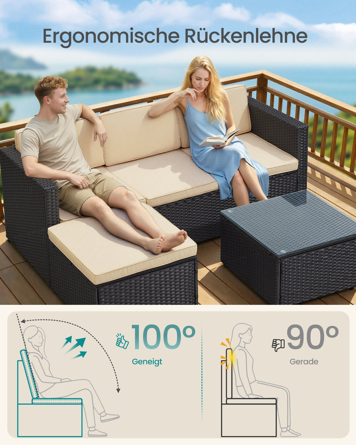 Lounge Set mit Tisch - Gartenbank - Gartenset - Polyrattan Gartenmöbel Set