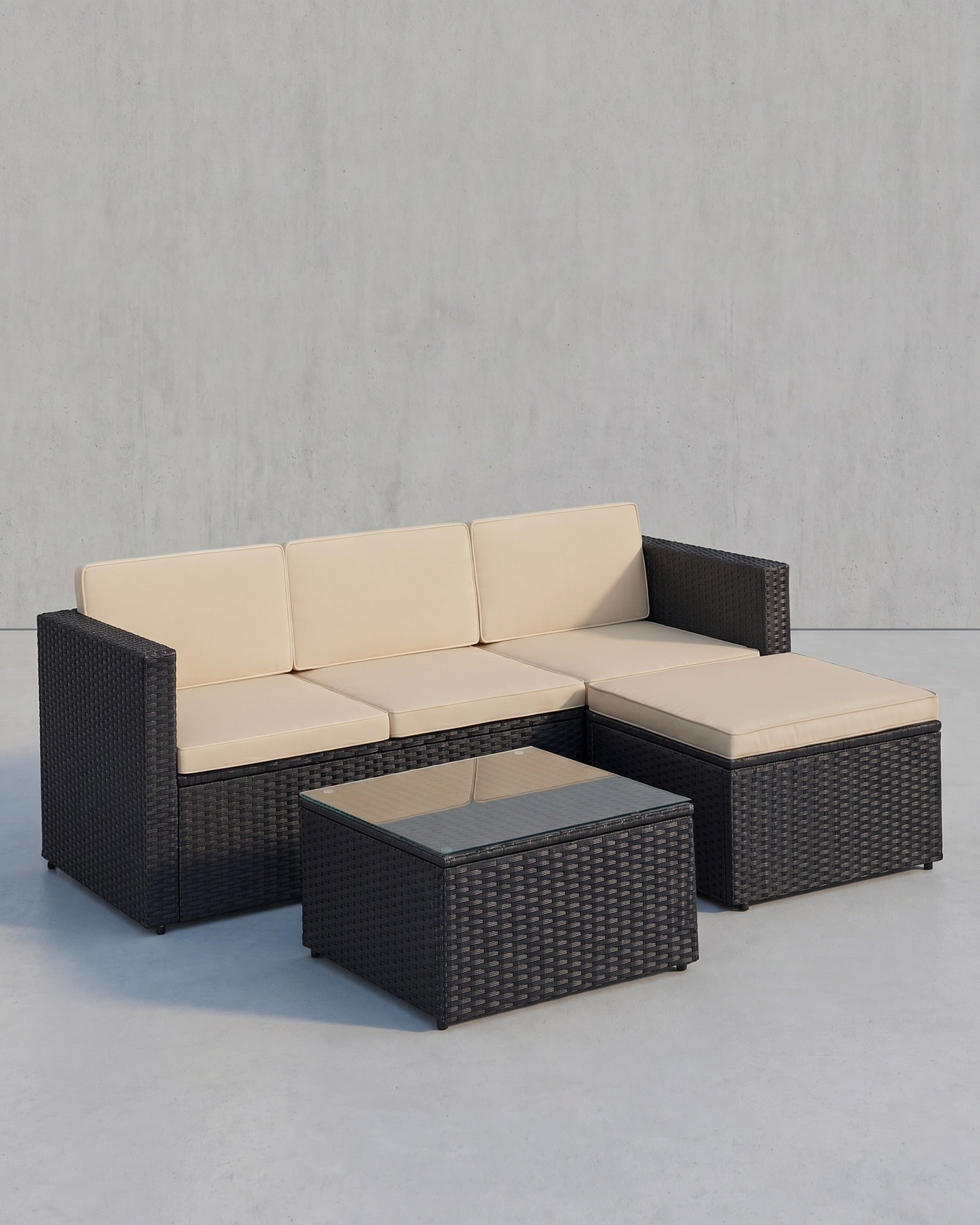 Lounge Set mit Tisch - Gartenbank - Gartenset - Polyrattan Gartenmöbel Set – Schwarz mit taupefarbenen Kissen