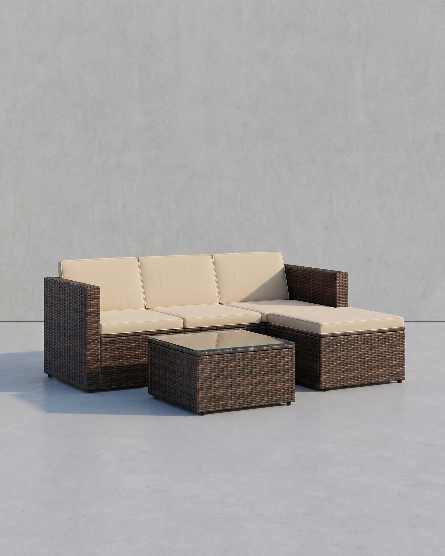 Lounge Set mit Tisch - Gartenbank - Gartenset - Polyrattan Gartenmöbel Set – Braun mit beigen Kissen