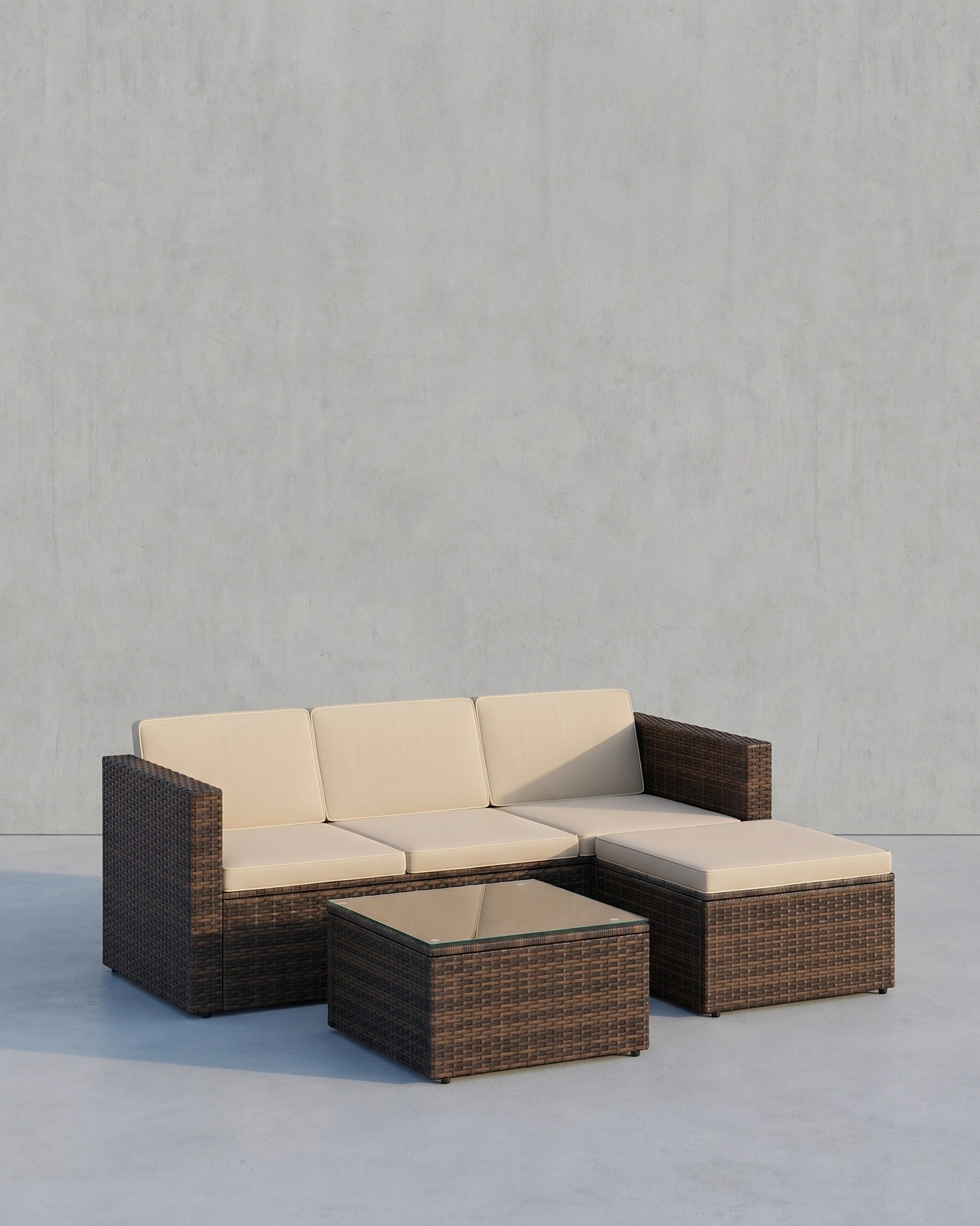 Lounge Set mit Tisch - Gartenbank - Gartenset - Polyrattan Gartenmöbel Set – Braun mit taupefarbenen Kissen