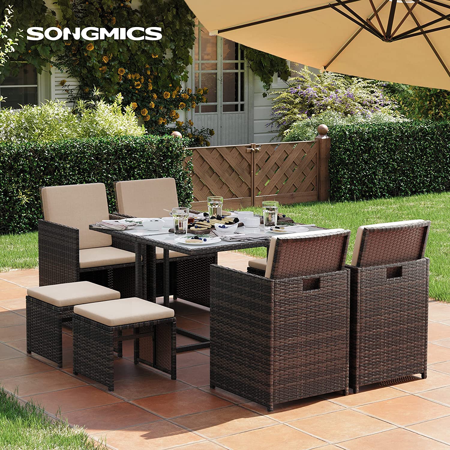 Komplettes Gartenmöbel-Set – Polyrattan-Stühle + Tisch – Terrassenset mit Kissen