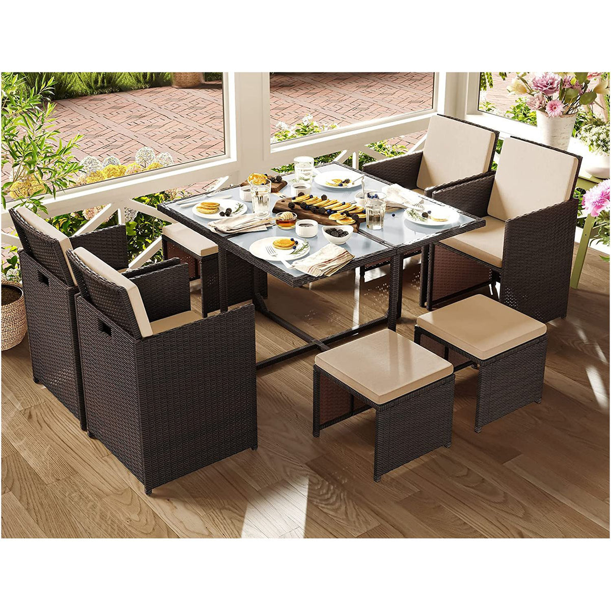 Komplettes Gartenmöbel-Set – Polyrattan-Stühle + Tisch – Terrassenset mit Kissen