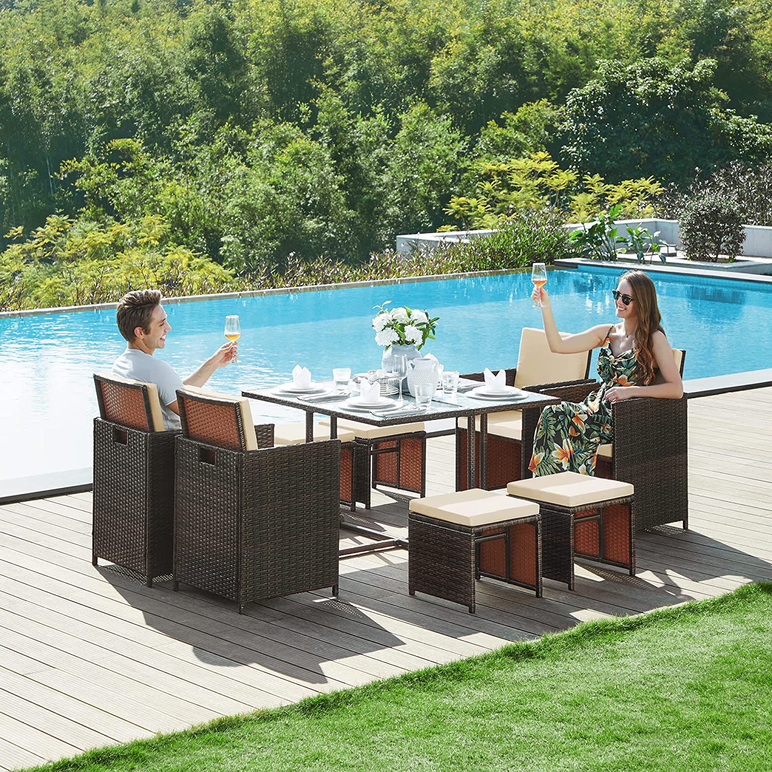Komplettes Gartenmöbel-Set – Polyrattan-Stühle + Tisch – Terrassenset mit Kissen