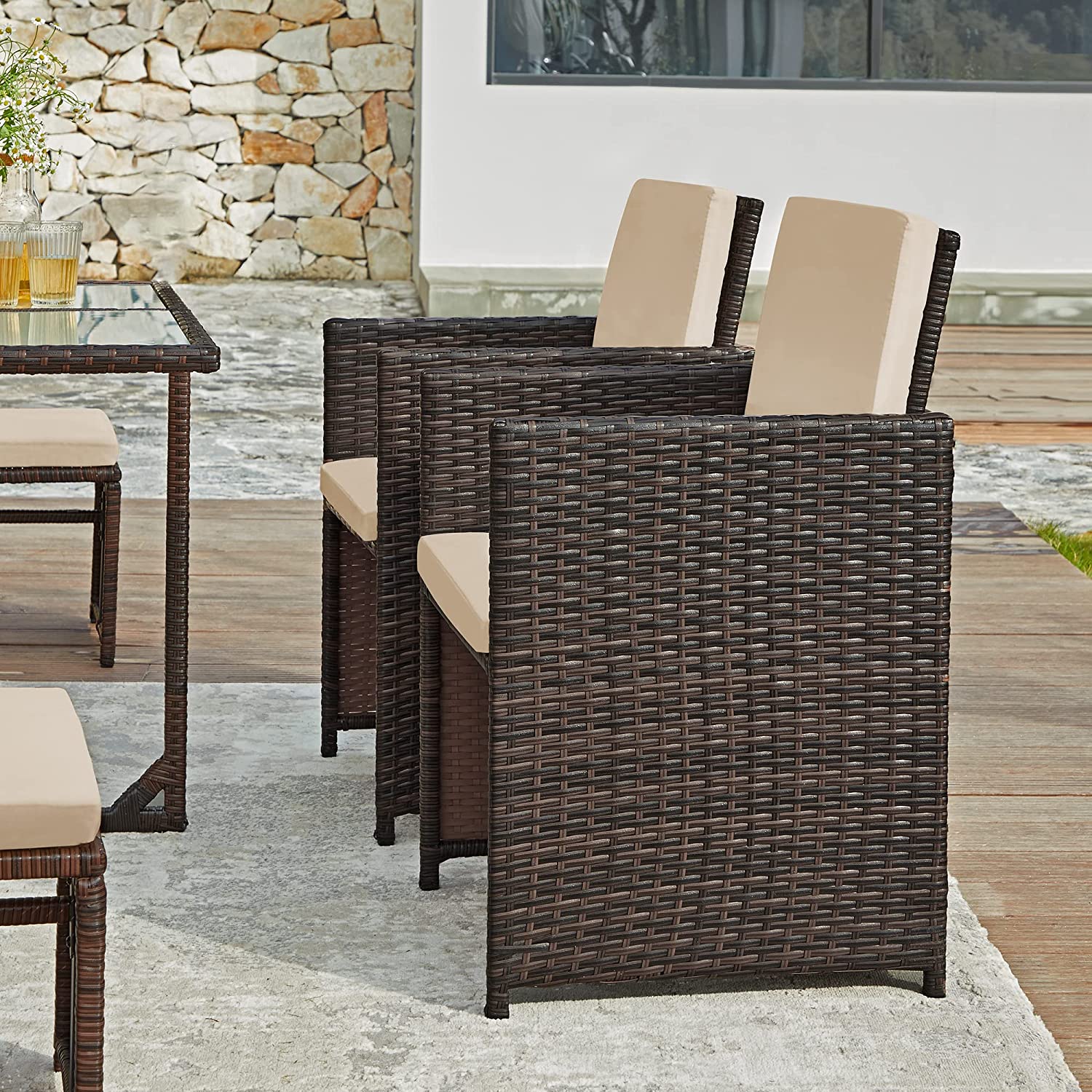 Komplettes Gartenmöbel-Set – Polyrattan-Stühle + Tisch – Terrassenset mit Kissen