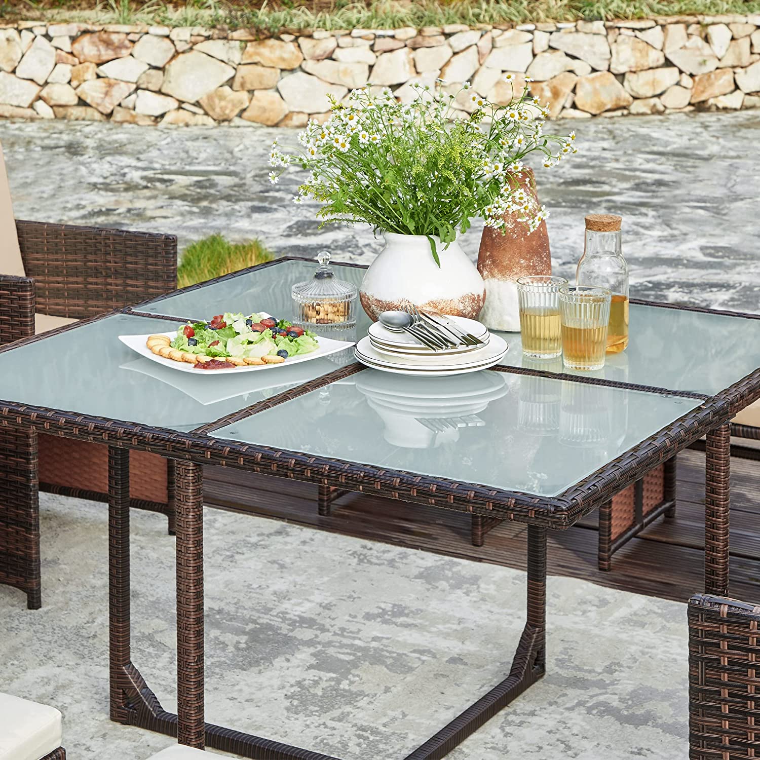 Komplettes Gartenmöbel-Set – Polyrattan-Stühle + Tisch – Terrassenset mit Kissen