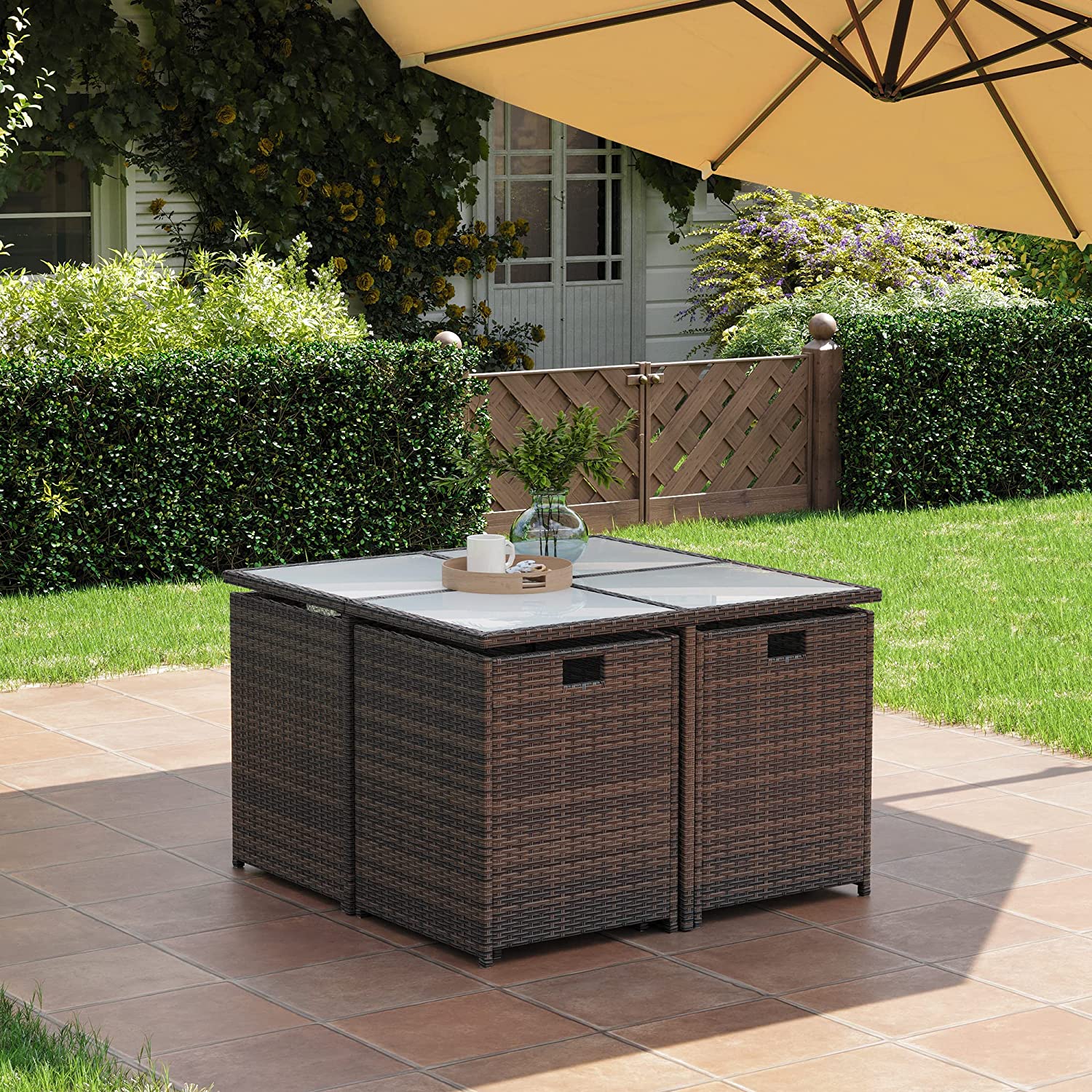 Komplettes Gartenmöbel-Set – Polyrattan-Stühle + Tisch – Terrassenset mit Kissen