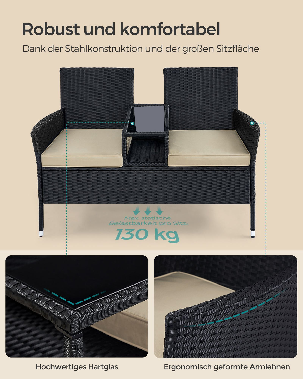 Gartenbank mit Tisch - Gartenstühle - Gartenset - Schwarz