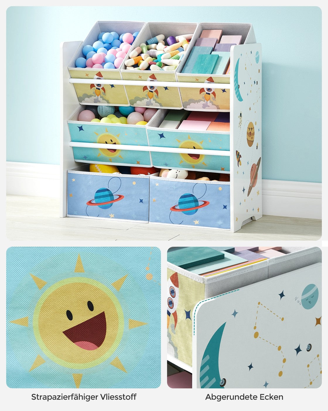 Spielzeugschrank mit 7 Aufbewahrungsboxen – Kinderzimmerschrank – Bücherregal mit Boxen – Sicher & Dekorativ