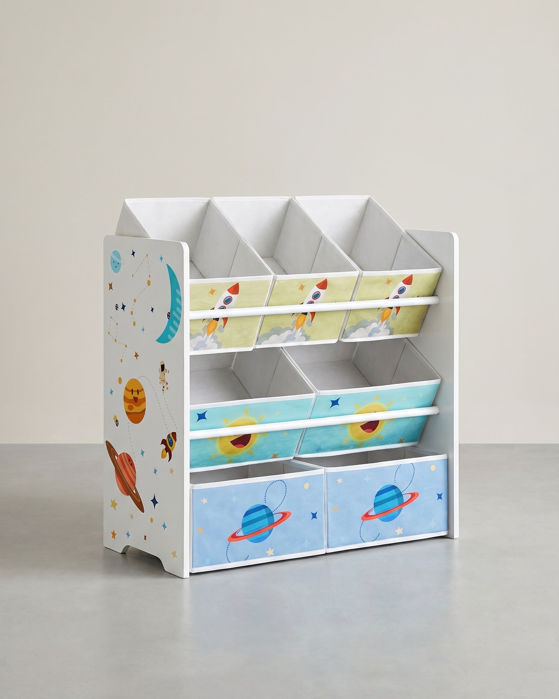 Spielzeugschrank mit 7 Aufbewahrungsboxen – Kinderzimmerschrank – Bücherregal mit Boxen – Sicher & Dekorativ