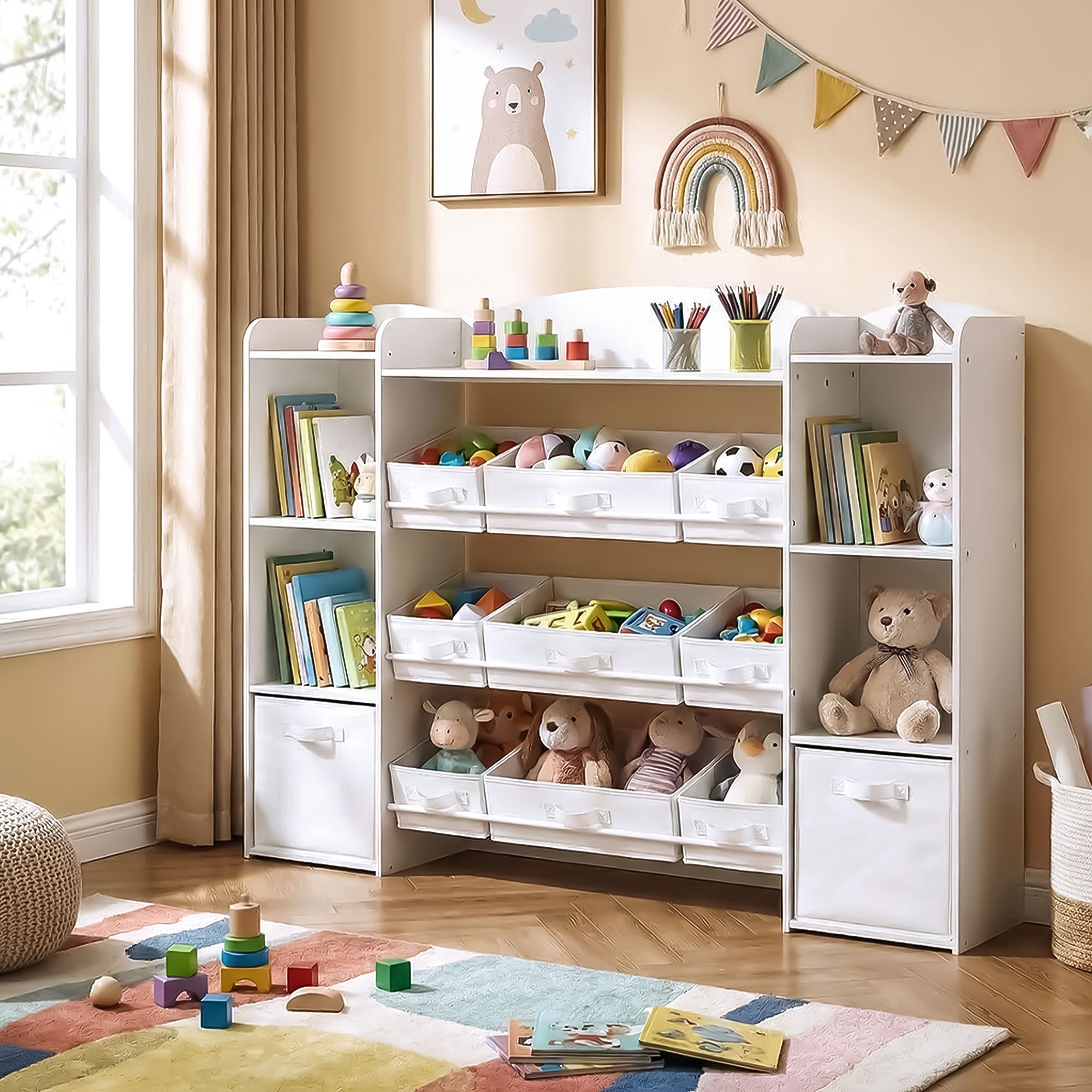 Kinderschrank Mit 4 Offenen Fächern - Mit 9 Mittleren Und 2 Seitlichen Boxen - Für Spielzeug
