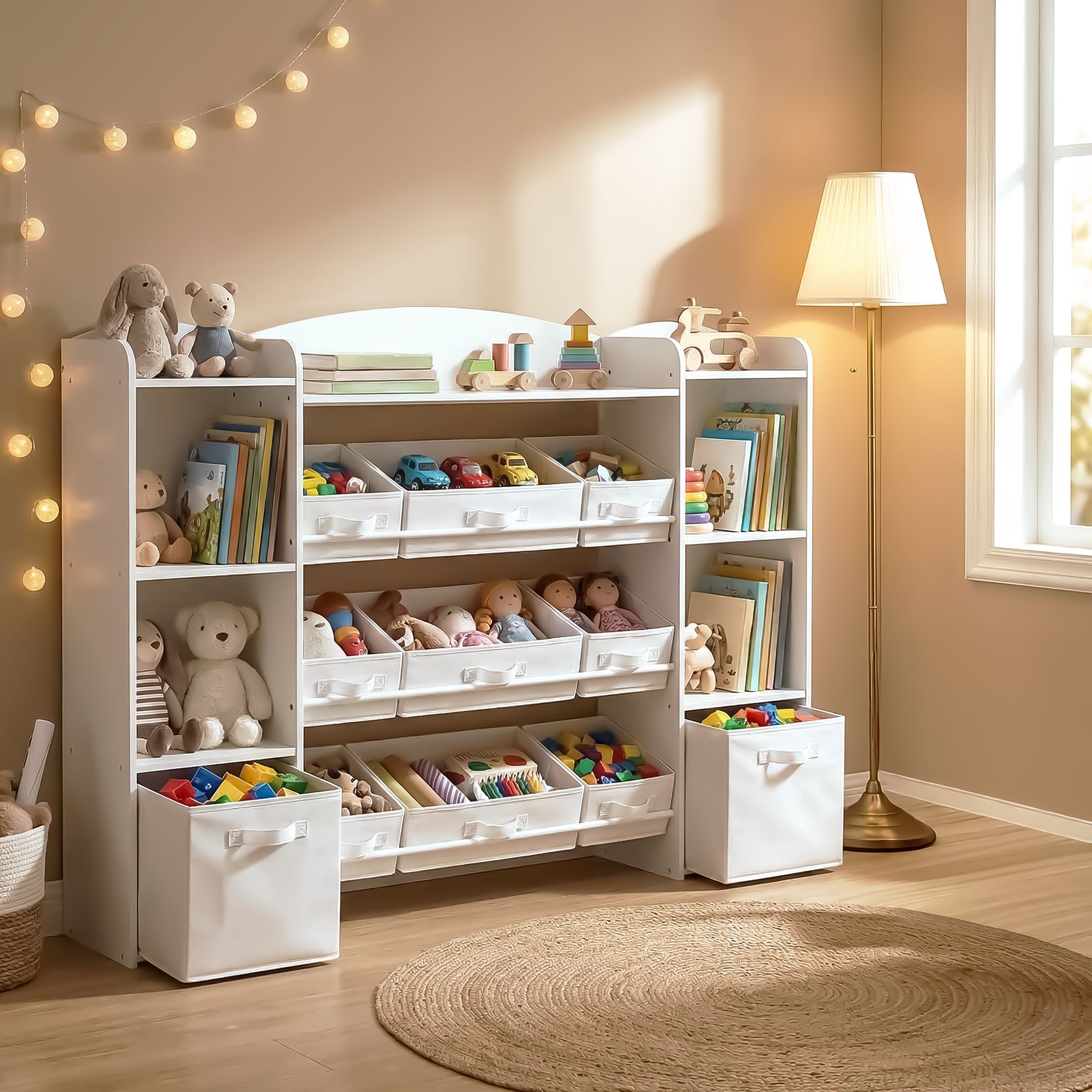 Kinderschrank Mit 4 Offenen Fächern - Mit 9 Mittleren Und 2 Seitlichen Boxen - Für Spielzeug