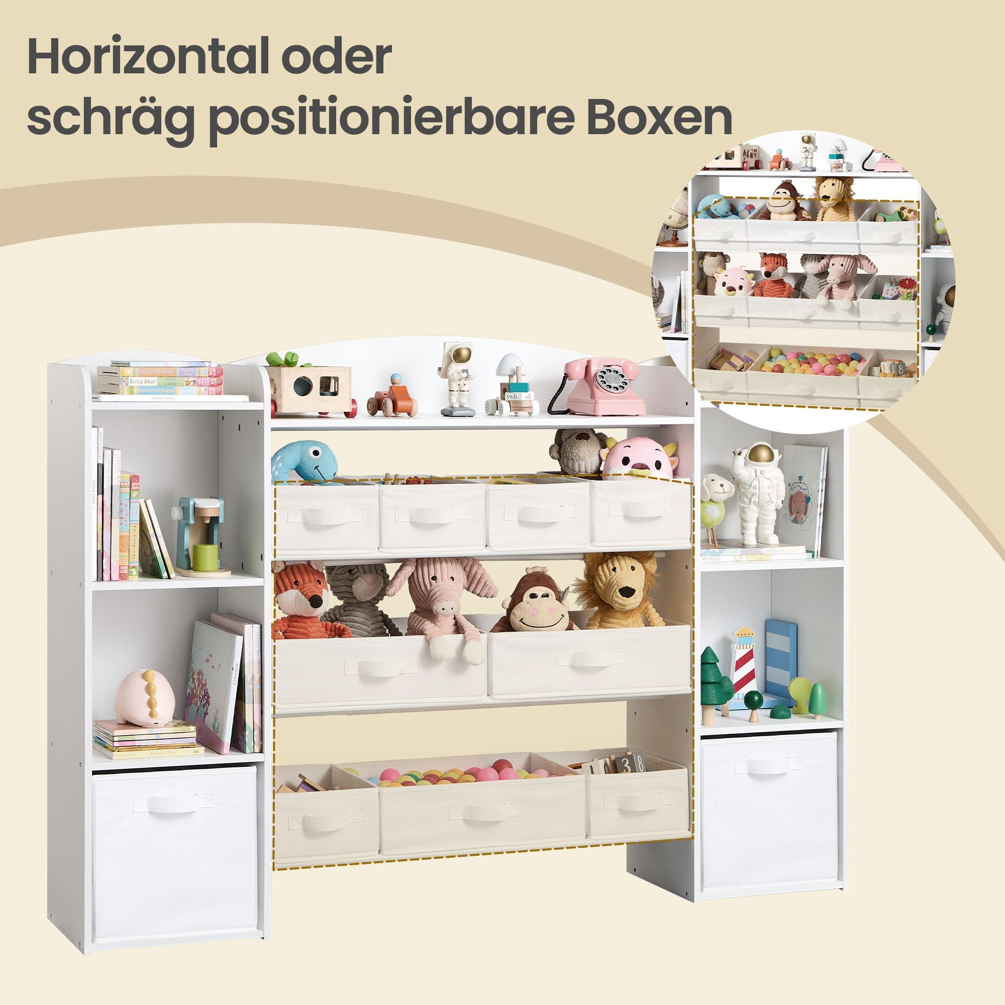 Kinderschrank Mit 4 Offenen Fächern - Mit 9 Mittleren Und 2 Seitlichen Boxen - Für Spielzeug