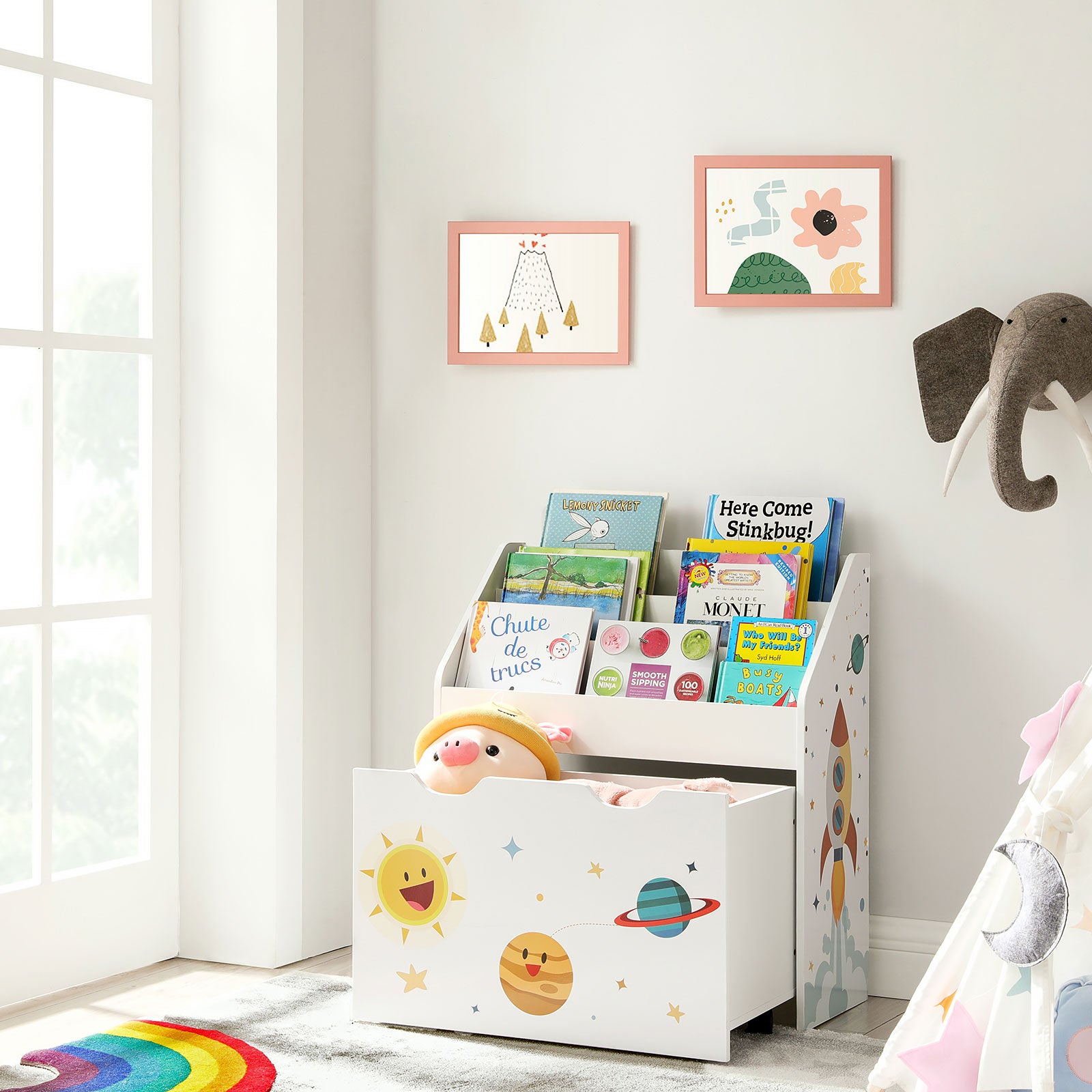 Kinderbücherregal mit Spielzeugkiste – Organizer mit Weltraumthema – mit Rollen und Kippschutz – 62,5 cm breit