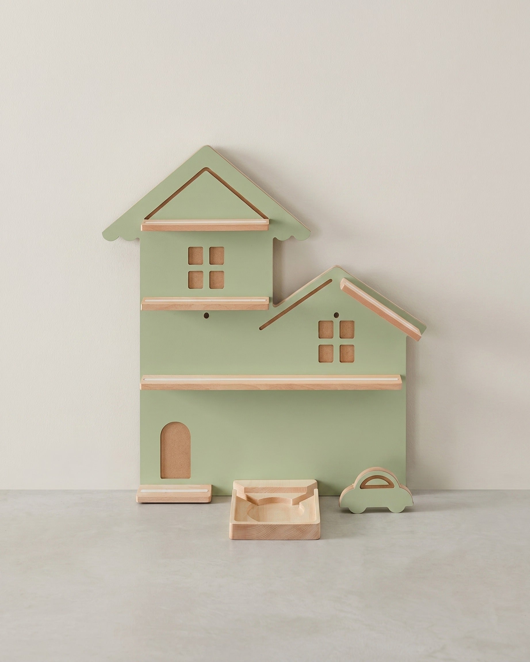 Wandregal für Toniebox und Figuren - Straßendesign - Mit magnetischen Ablagen aus Buchenholz - Inklusive Kabelhalter - 55,6 cm breit – Grün