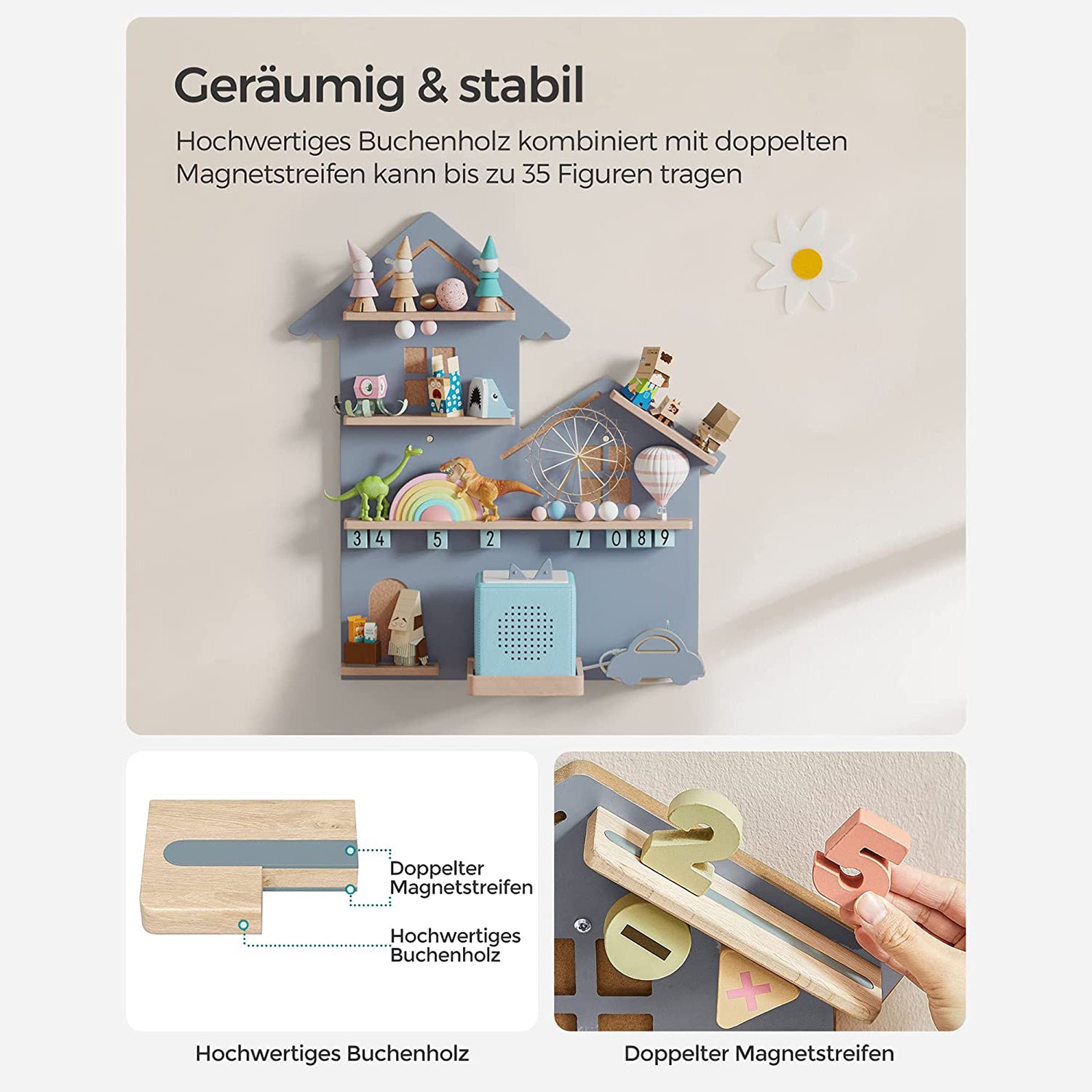 Wandregal für Toniebox und Figuren - Straßendesign - Mit magnetischen Ablagen aus Buchenholz - Inklusive Kabelhalter - 55,6 cm breit