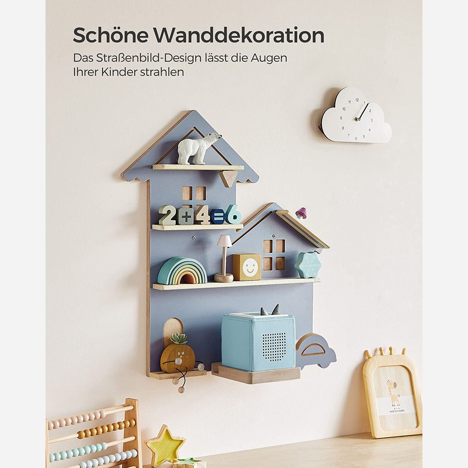 Wandregal für Toniebox und Figuren - Straßendesign - Mit magnetischen Ablagen aus Buchenholz - Inklusive Kabelhalter - 55,6 cm breit