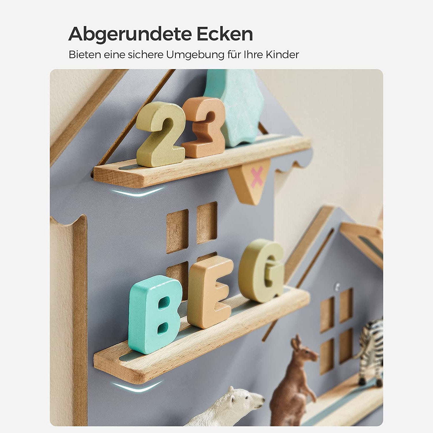 Wandregal für Toniebox und Figuren - Straßendesign - Mit magnetischen Ablagen aus Buchenholz - Inklusive Kabelhalter - 55,6 cm breit
