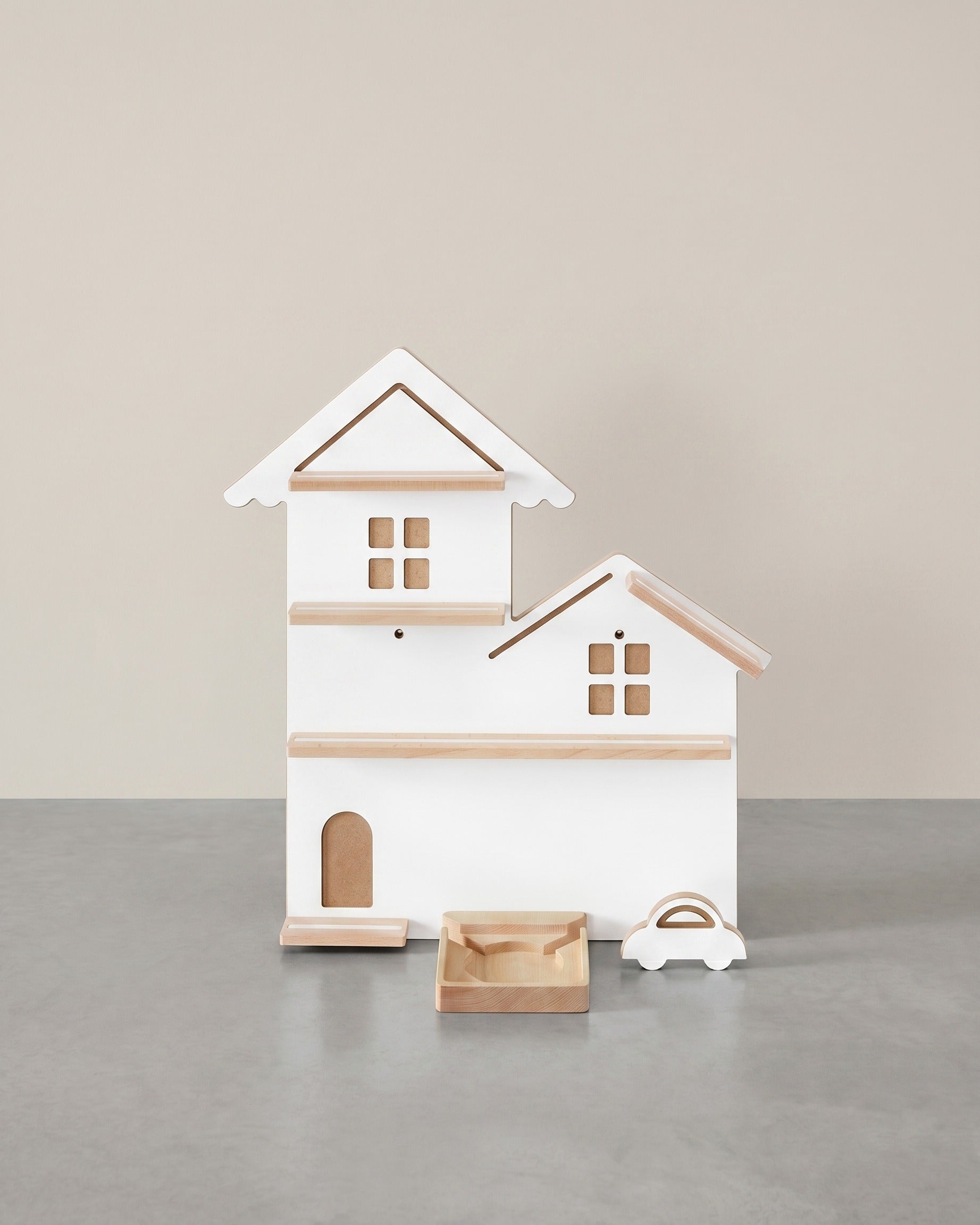 Wandregal für Toniebox und Figuren - Straßendesign - Mit magnetischen Ablagen aus Buchenholz - Inklusive Kabelhalter - 55,6 cm breit – Weiß