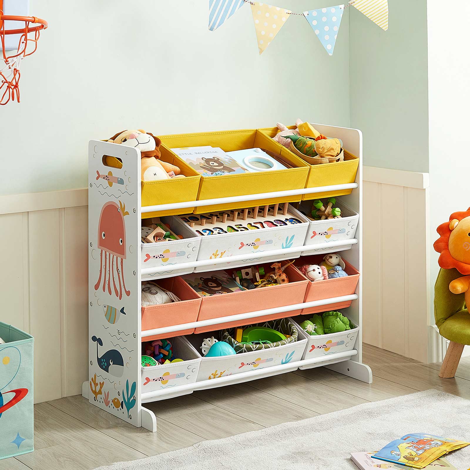 Kinderspielzeugschrank - mit Meerestier-Motiv - inkl. 12 Stoff-Aufbewahrungsfächern - 83 cm breit - mit Kippschutz