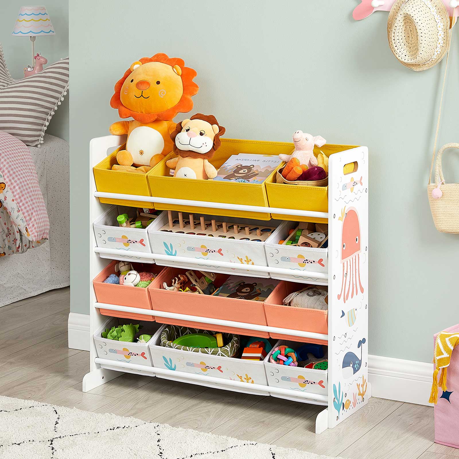 Kinderspielzeugschrank - mit Meerestier-Motiv - inkl. 12 Stoff-Aufbewahrungsfächern - 83 cm breit - mit Kippschutz