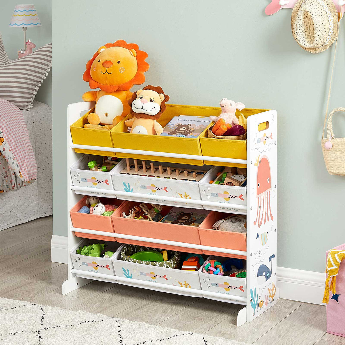 Kinderspielzeugschrank - mit Meerestier-Motiv - inkl. 12 Stoff-Aufbewahrungsfächern - 83 cm breit - mit Kippschutz