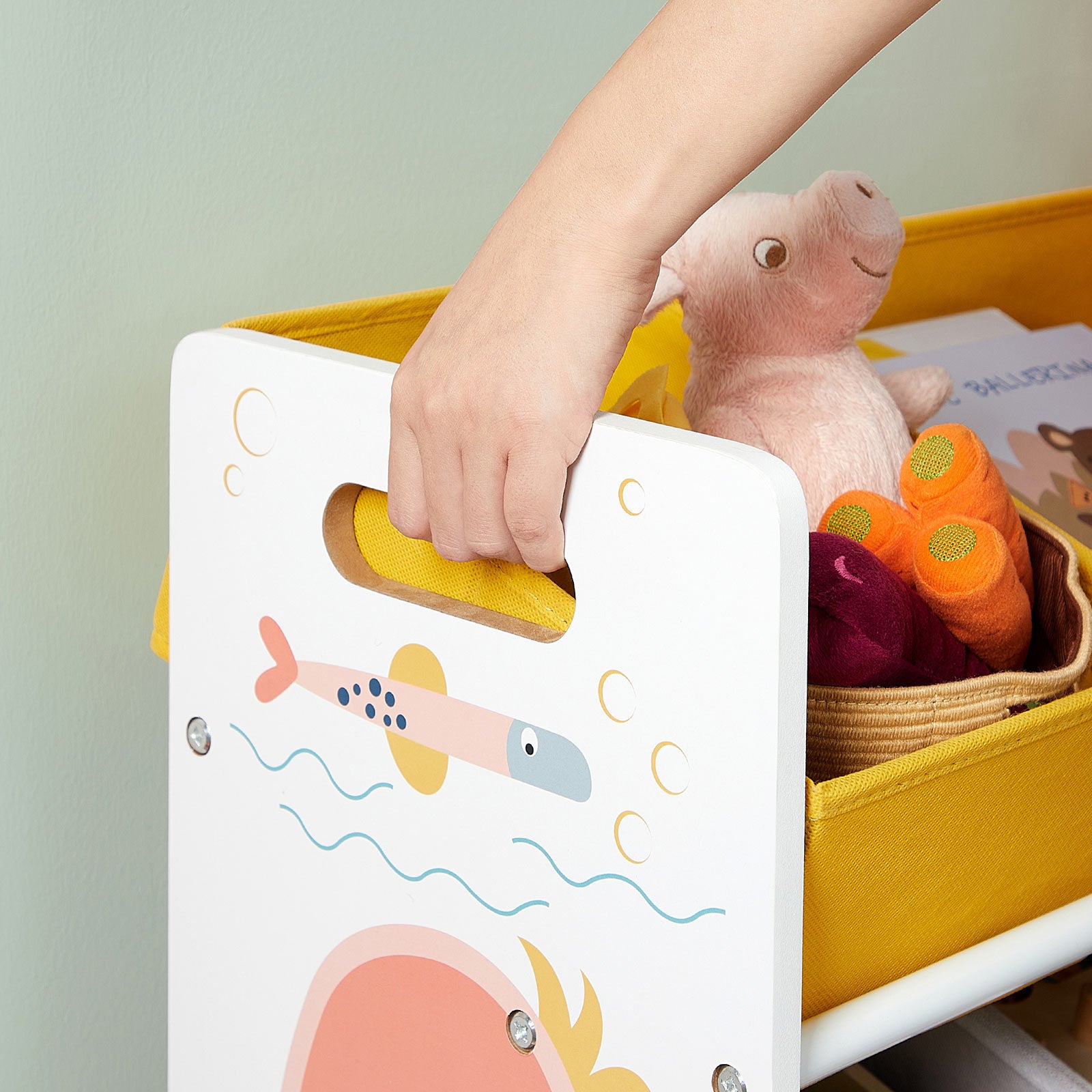 Kinderspielzeugschrank - mit Meerestier-Motiv - inkl. 12 Stoff-Aufbewahrungsfächern - 83 cm breit - mit Kippschutz