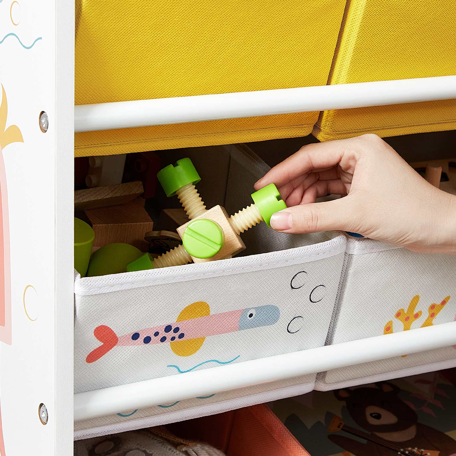 Kinderspielzeugschrank - mit Meerestier-Motiv - inkl. 12 Stoff-Aufbewahrungsfächern - 83 cm breit - mit Kippschutz