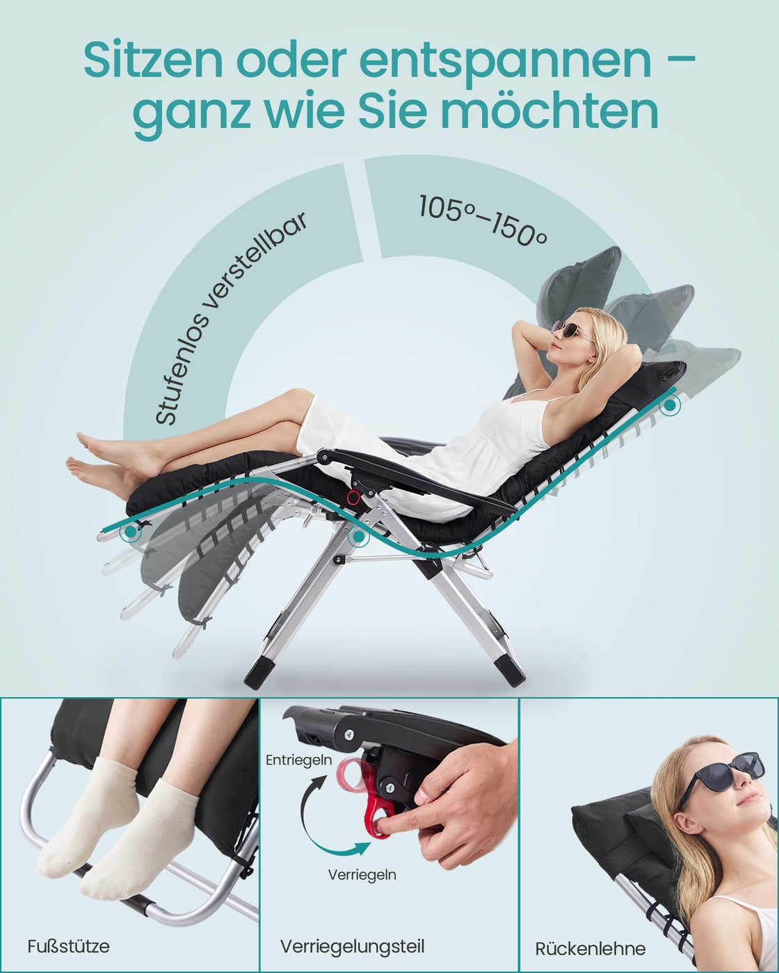 Verstellbare Liege – Relaxsessel mit Fußstütze – Klappbar – Mit Tisch und Kissen