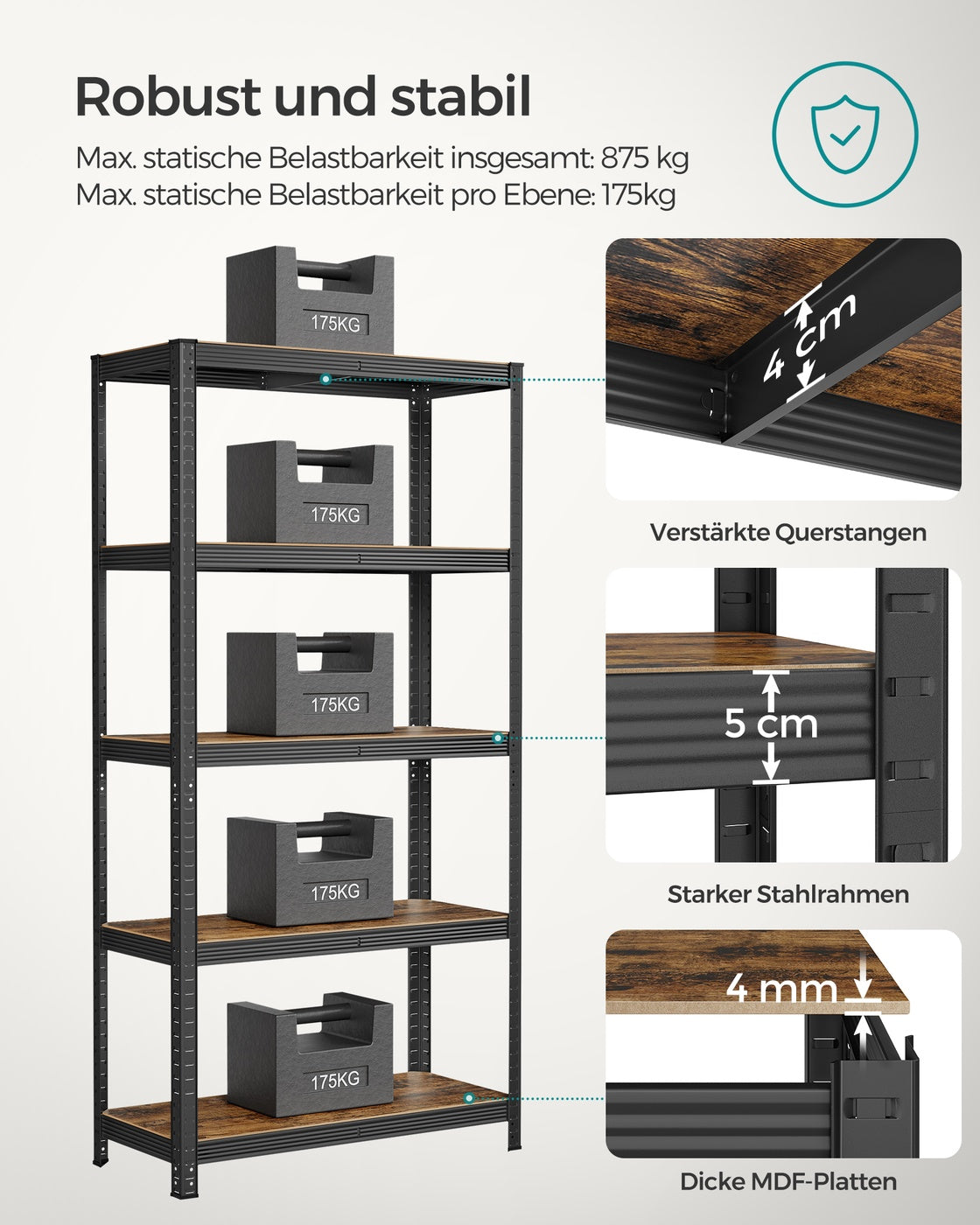 Lagerregal / Schwerlastregal – verstellbare Böden – bis 120 kg pro Boden – Stahlrahmen für Küche, Garage & Abstellraum