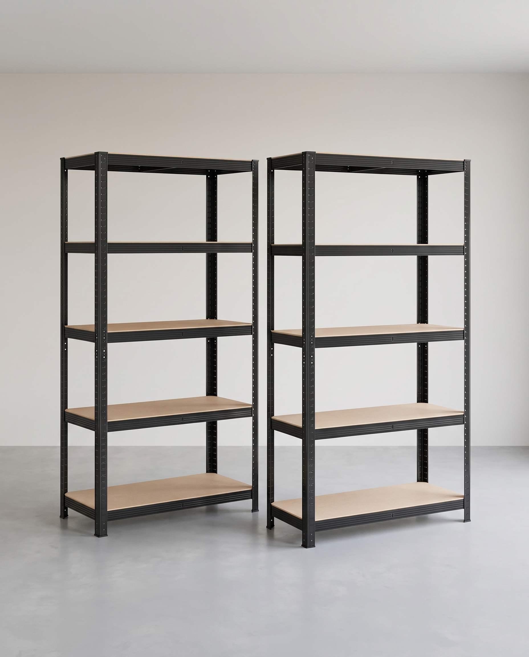 2er Set Lagerregale aus Stahl – 5 Etagen – 180 cm hoch – 875 kg Tragkraft pro Regal – teilbar & höhenverstellbar – Steckregal
