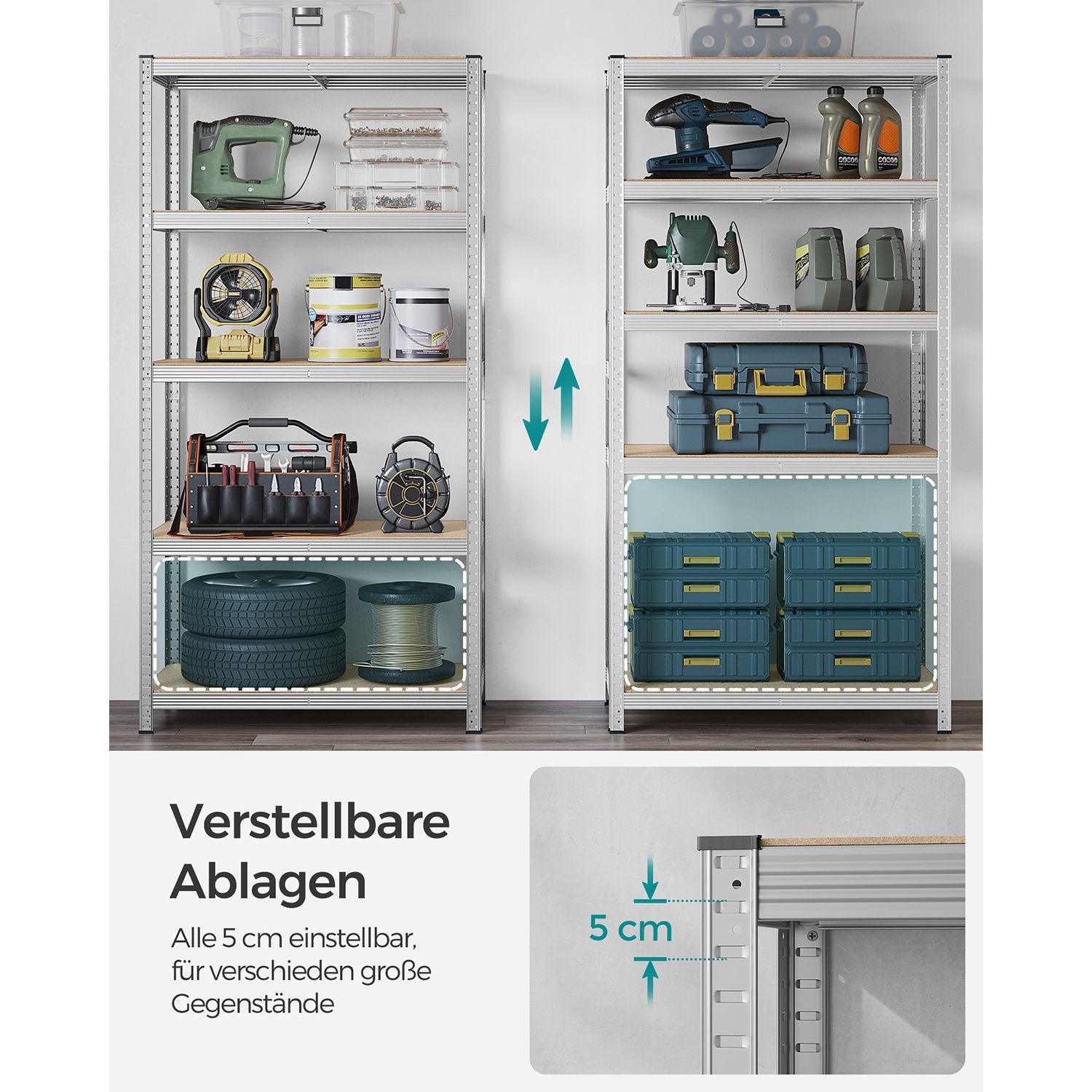 Lagerregal / Schwerlastregal – verstellbare Böden – bis 120 kg pro Boden – Stahlrahmen für Küche, Garage & Abstellraum