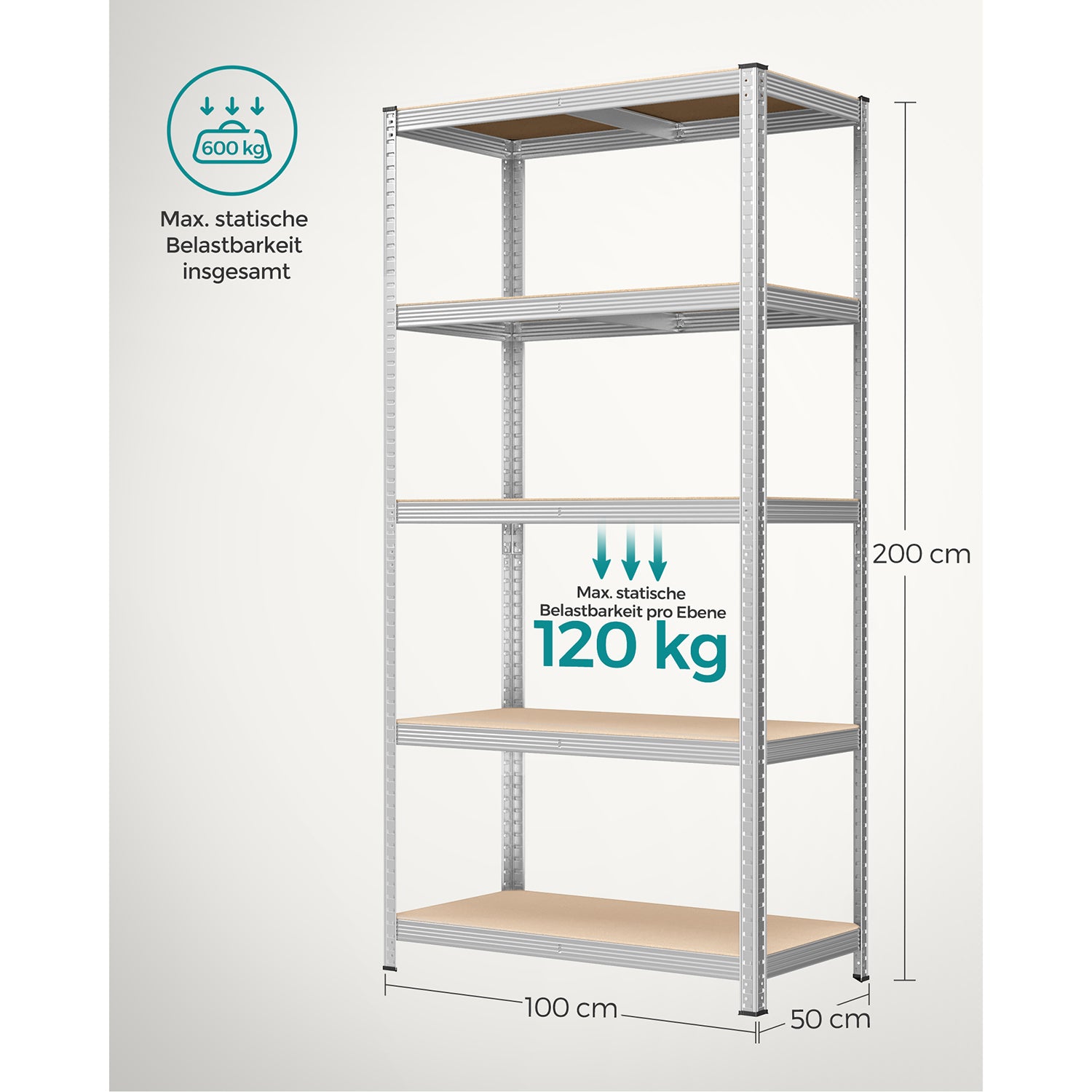Lagerregal / Schwerlastregal – verstellbare Böden – bis 120 kg pro Boden – Stahlrahmen für Küche, Garage & Abstellraum
