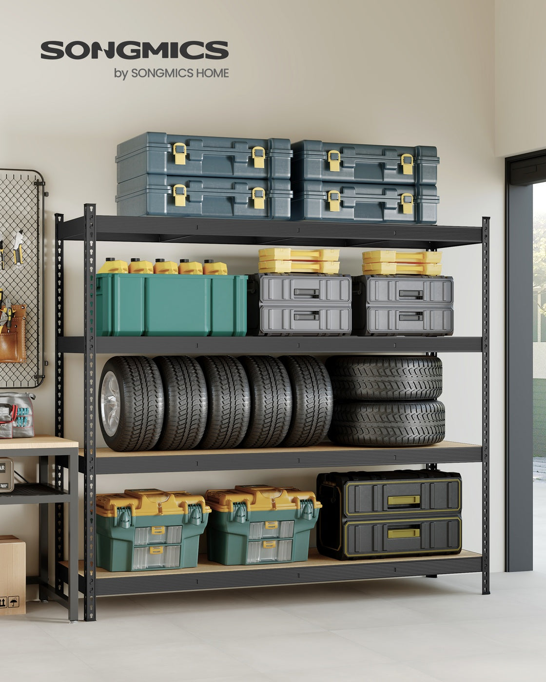 Schwerlast-Lagerregal – Industriestil – 4 verstellbare Regalböden – Tragkraft bis zu 2000 kg – 200 cm breit – Schwarz