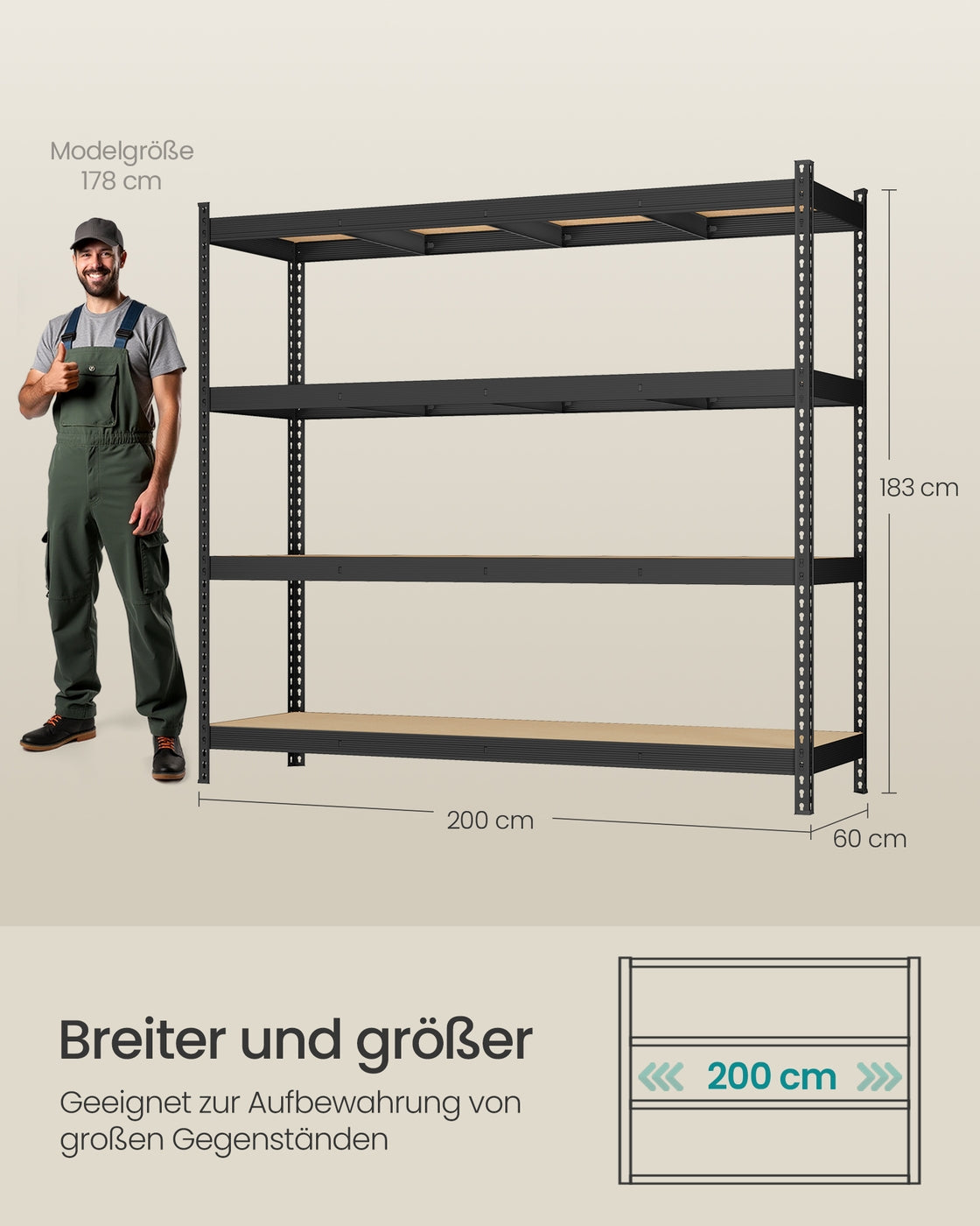 Schwerlast-Lagerregal – Industriestil – 4 verstellbare Regalböden – Tragkraft bis zu 2000 kg – 200 cm breit – Schwarz