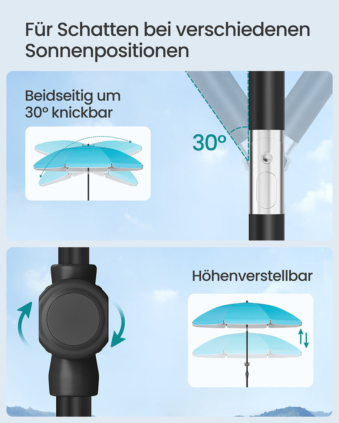 Sonnenschirm mit Aufbewahrungsmöglichkeit – Ø 160 oder 200 cm – Verstellbar – UV-Schutzfaktor 50+ – Inklusive Tragetasche