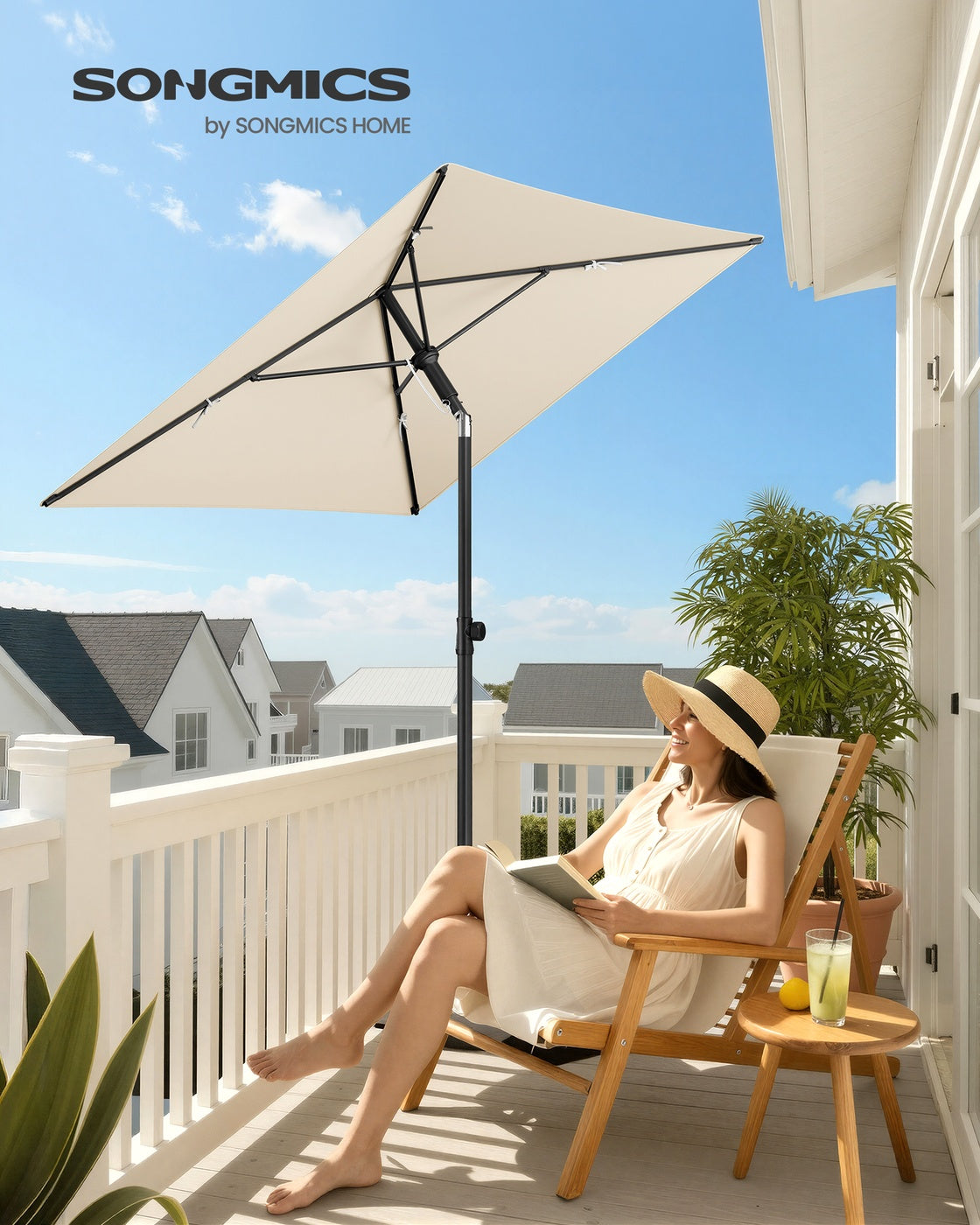 Rechteckiger Sonnenschirm – 30° neigbar – UV-Schutz 50+ – Inkl. Tragetasche – Für Balkon, Garten oder Strand