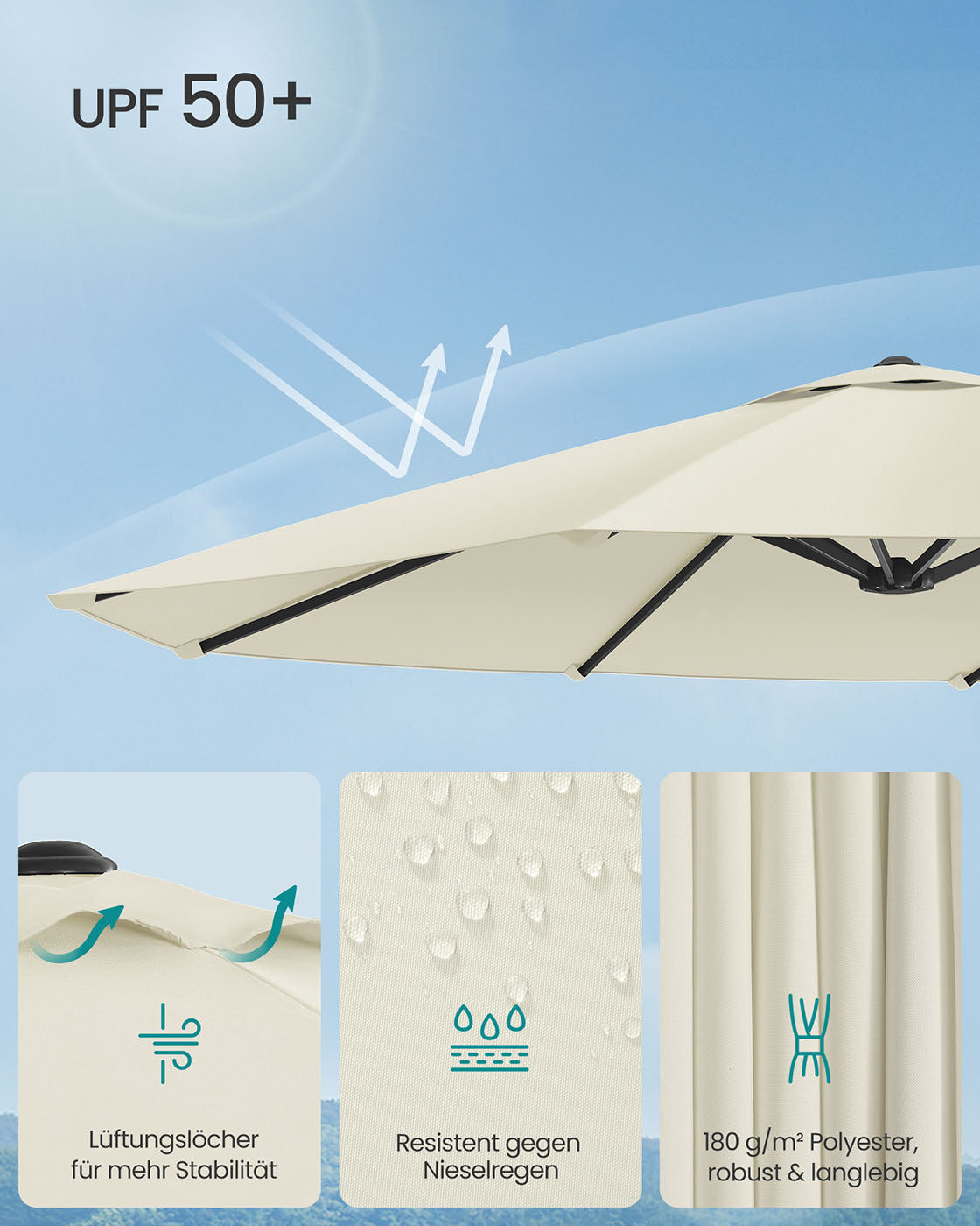 Doppelsonnenschirm 394 x 200 cm – UV-Schutz UPF 50+ – Mit Korkgirlande – Beige oder Grau