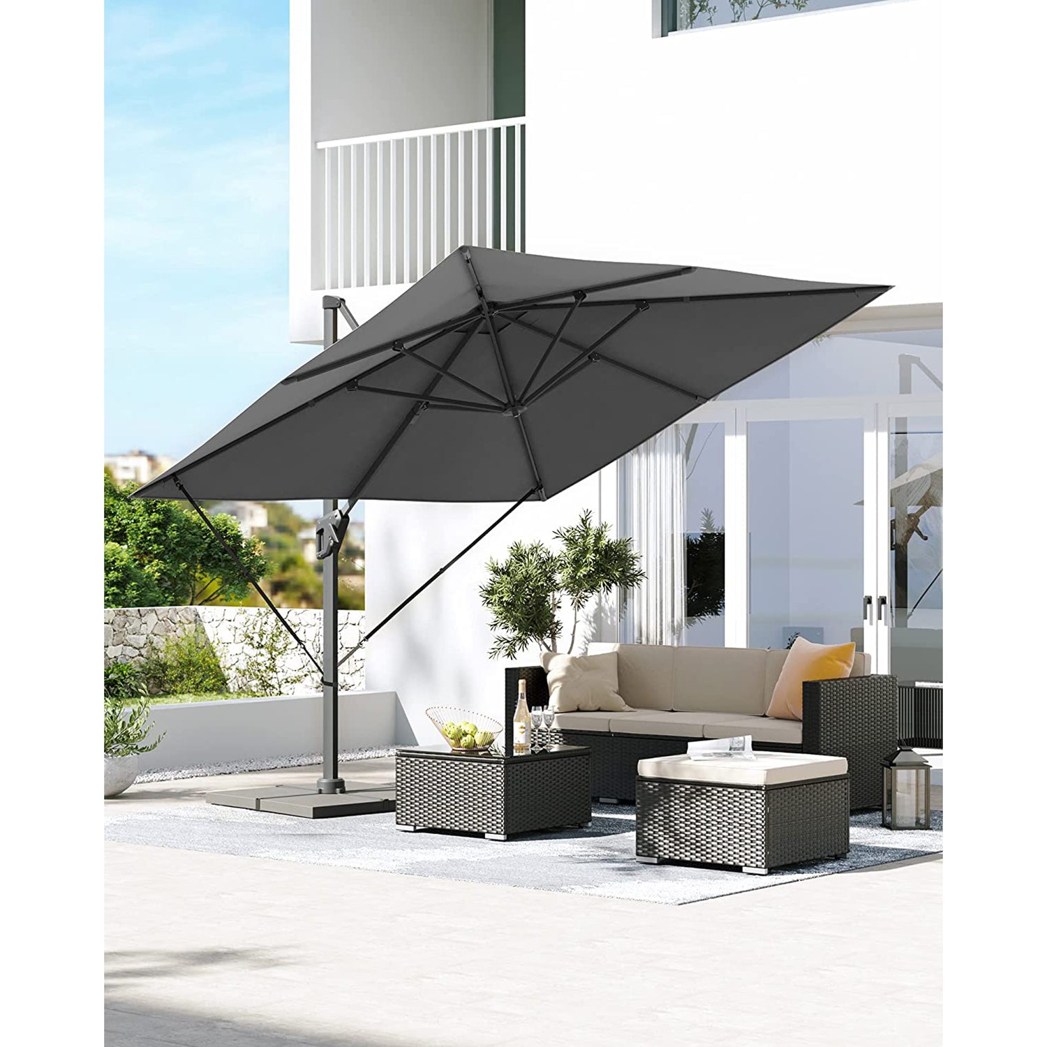 Freiarm-Sonnenschirm 290 x 290 cm – 360° drehbar – Neigungswinkel verstellbar – UPF 50+ – mit Ständer und Schutzhülle