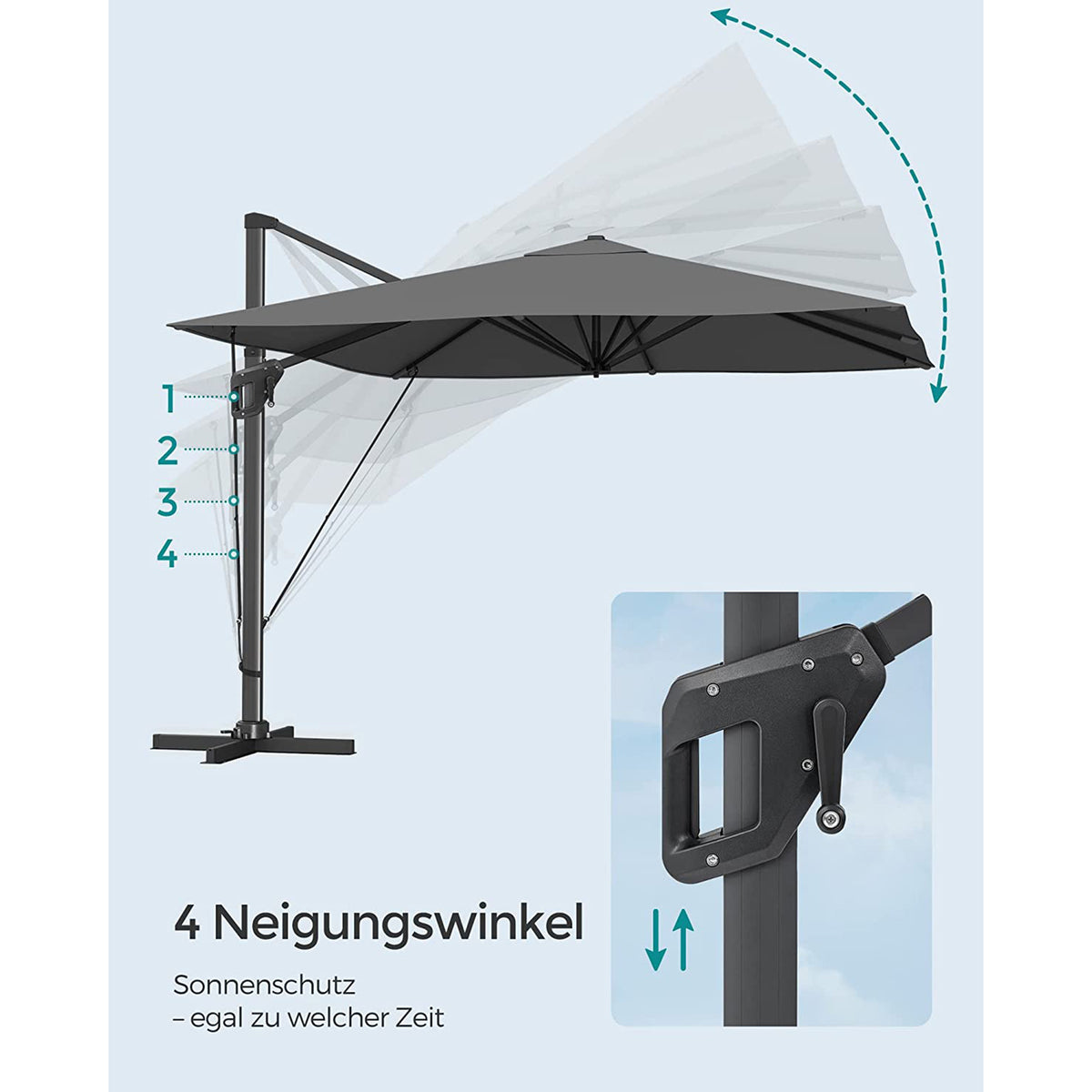 Freiarm-Sonnenschirm 290 x 290 cm – 360° drehbar – Neigungswinkel verstellbar – UPF 50+ – mit Ständer und Schutzhülle