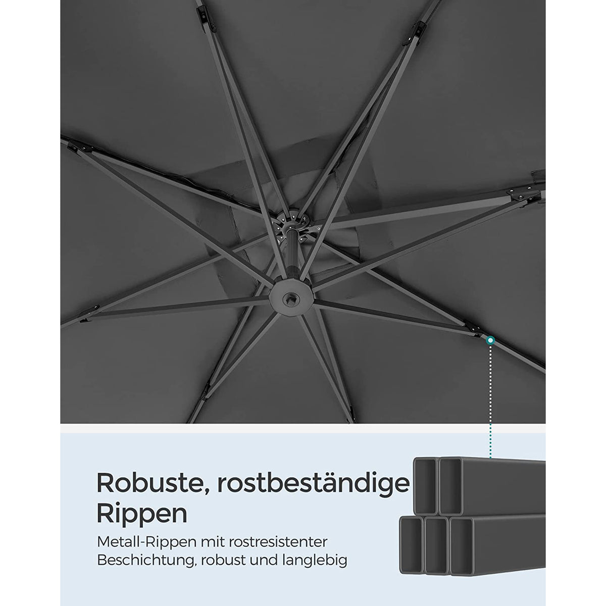 Freiarm-Sonnenschirm 290 x 290 cm – 360° drehbar – Neigungswinkel verstellbar – UPF 50+ – mit Ständer und Schutzhülle