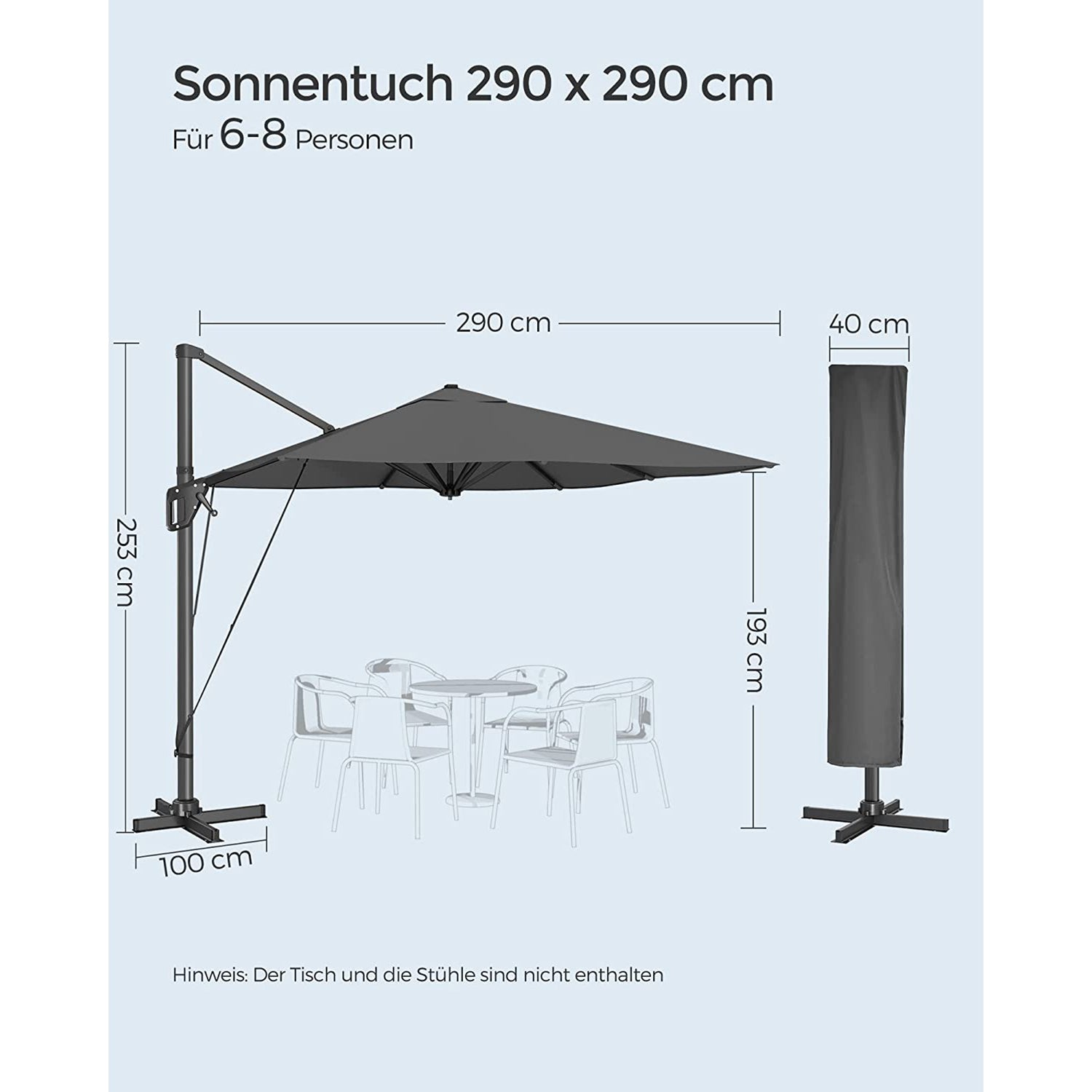 Freiarm-Sonnenschirm 290 x 290 cm – 360° drehbar – Neigungswinkel verstellbar – UPF 50+ – mit Ständer und Schutzhülle