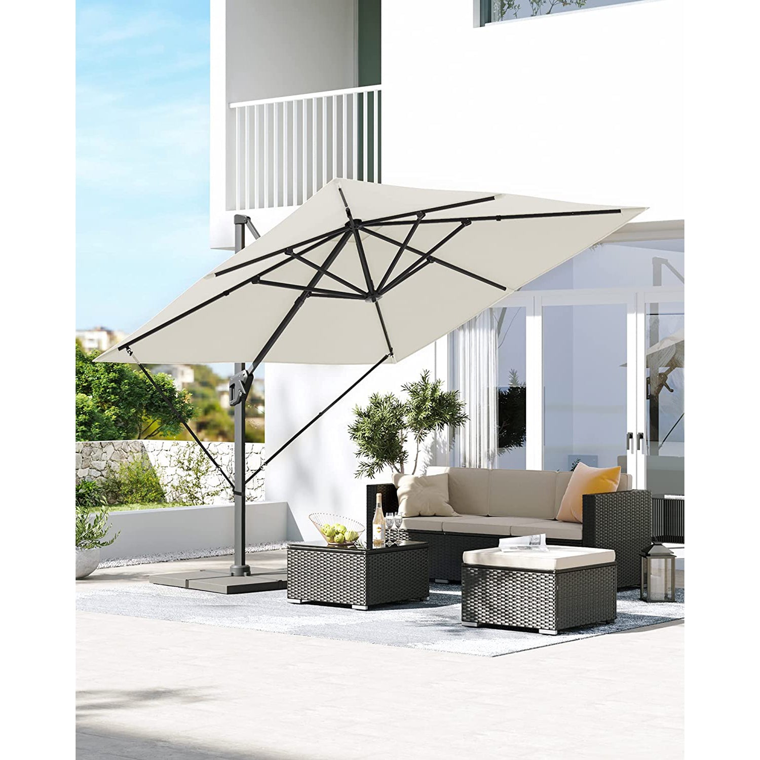 Freiarm-Sonnenschirm 290 x 290 cm – 360° drehbar – Neigungswinkel verstellbar – UPF 50+ – mit Ständer und Schutzhülle