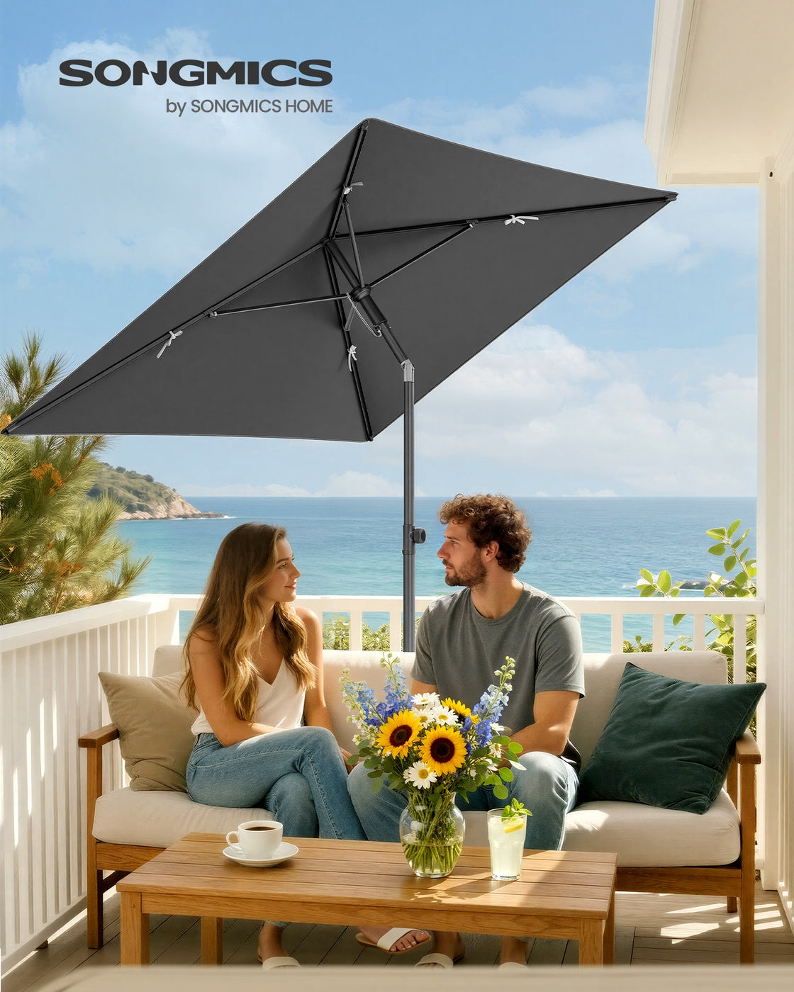 Rechteckiger Sonnenschirm – 30° neigbar – UV-Schutz 50+ – Inkl. Tragetasche – Für Balkon, Garten oder Strand