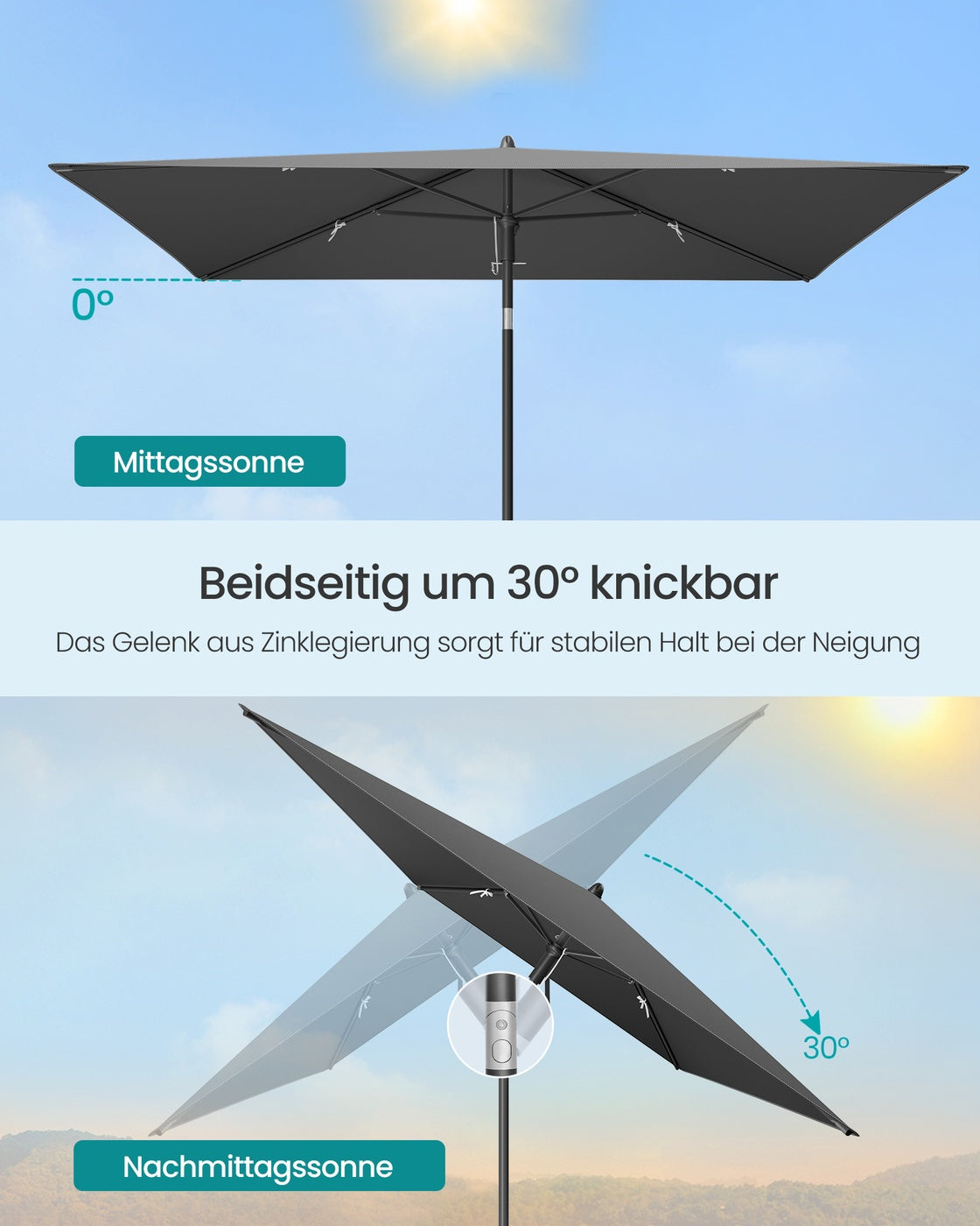 Rechteckiger Sonnenschirm – 30° neigbar – UV-Schutz 50+ – Inkl. Tragetasche – Für Balkon, Garten oder Strand
