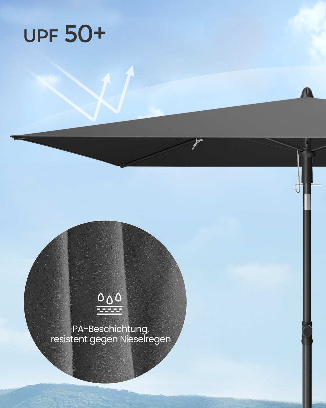 Rechteckiger Sonnenschirm – 30° neigbar – UV-Schutz 50+ – Inkl. Tragetasche – Für Balkon, Garten oder Strand