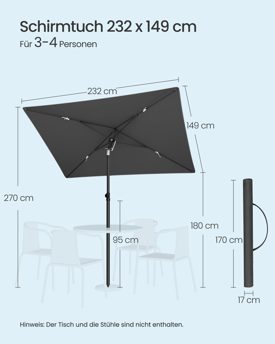 Rechteckiger Sonnenschirm – 30° neigbar – UV-Schutz 50+ – Inkl. Tragetasche – Für Balkon, Garten oder Strand