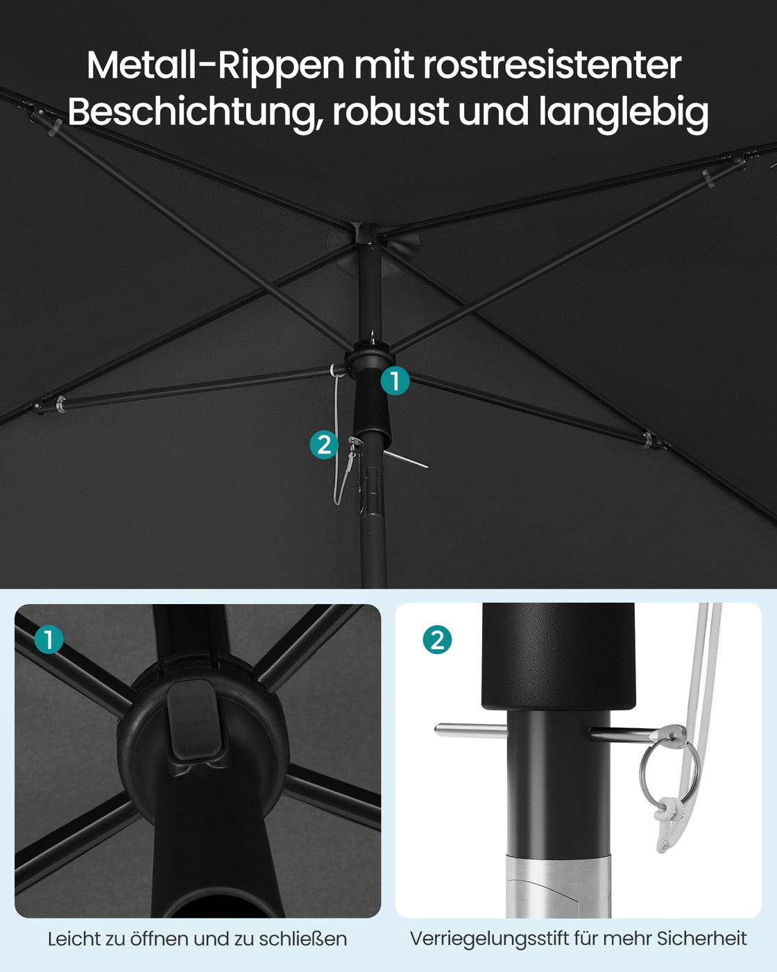 Rechteckiger Sonnenschirm – 30° neigbar – UV-Schutz 50+ – Inkl. Tragetasche – Für Balkon, Garten oder Strand