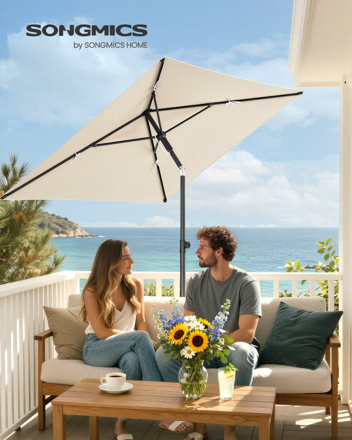 Rechteckiger Sonnenschirm – 30° neigbar – UV-Schutz 50+ – Inkl. Tragetasche – Für Balkon, Garten oder Strand