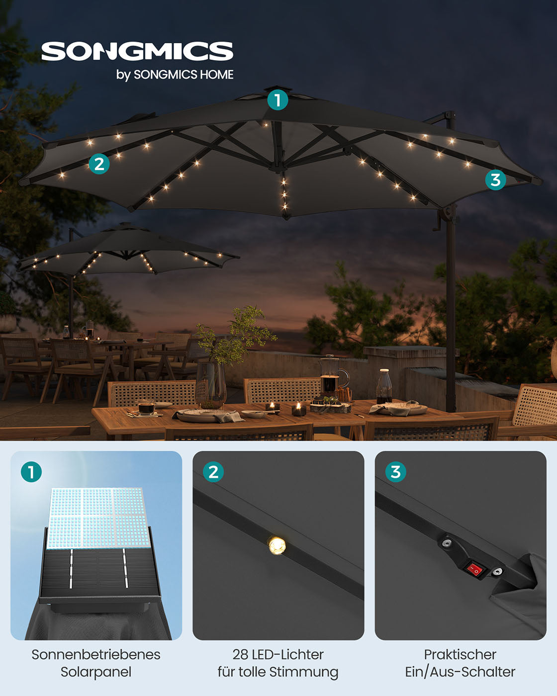 Freiarm-Sonnenschirm 300 cm mit LED-Solarbeleuchtung – 360° drehbar – stufenlos verstellbarer Neigungswinkel – UPF 50+ – mit Kurbel und Kreuzfuß