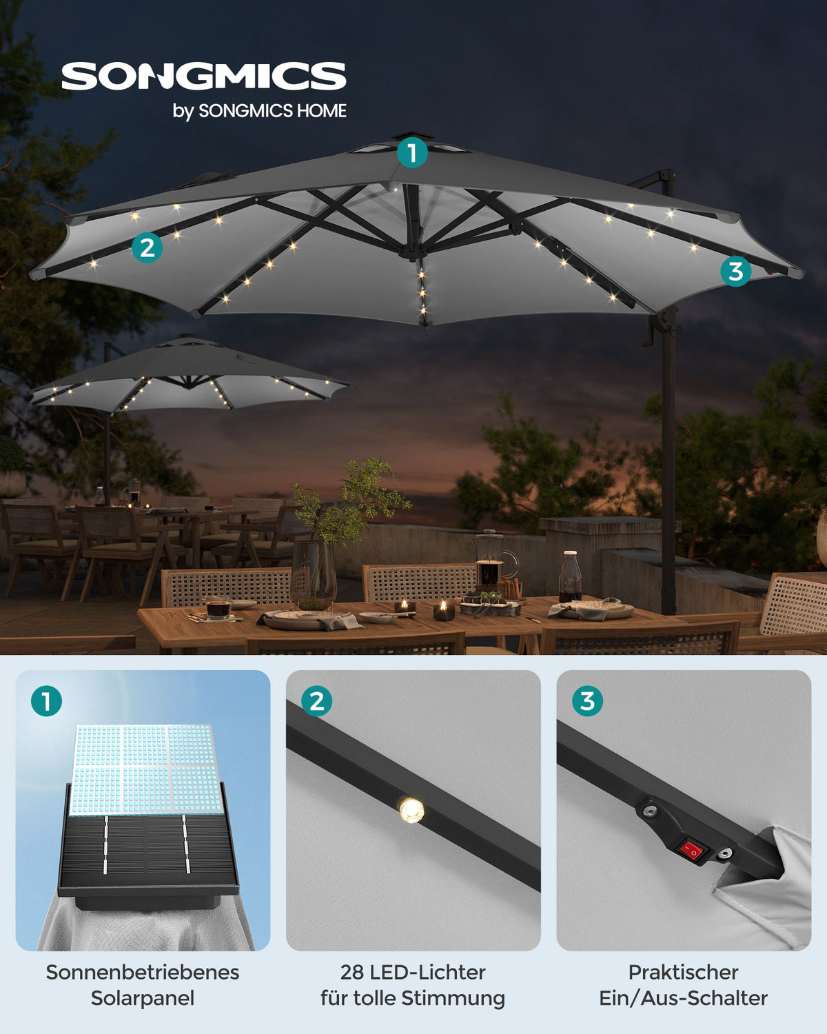 Freiarm-Sonnenschirm 300 cm mit LED-Solarbeleuchtung – 360° drehbar – stufenlos verstellbarer Neigungswinkel – UPF 50+ – mit Kurbel und Kreuzfuß